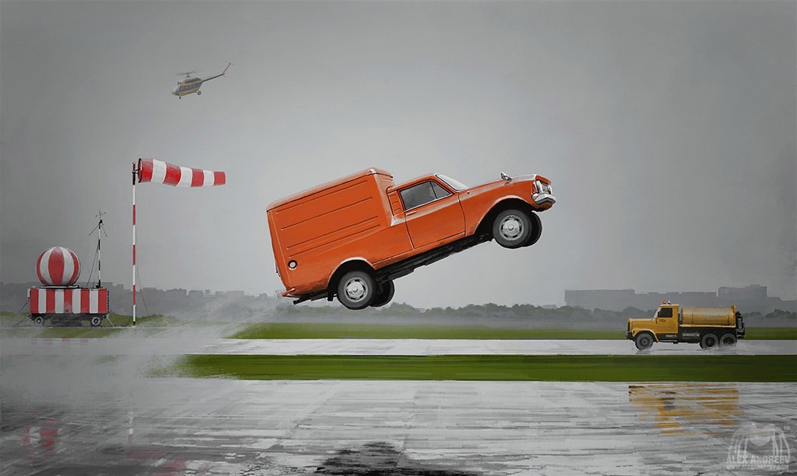 General 1600x957 Alexey Andreev artwork concept art surreal car orange cars vehicle humor airfield Moskvich
