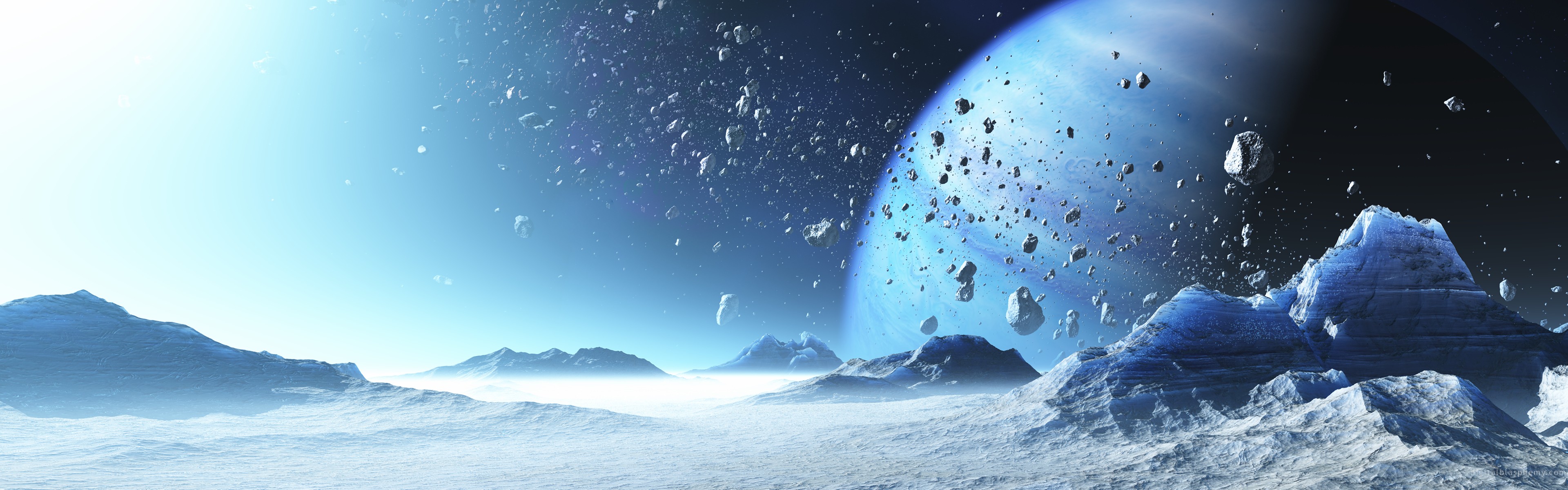 General 3840x1200 CGI digital art space planet asteroid ice space art