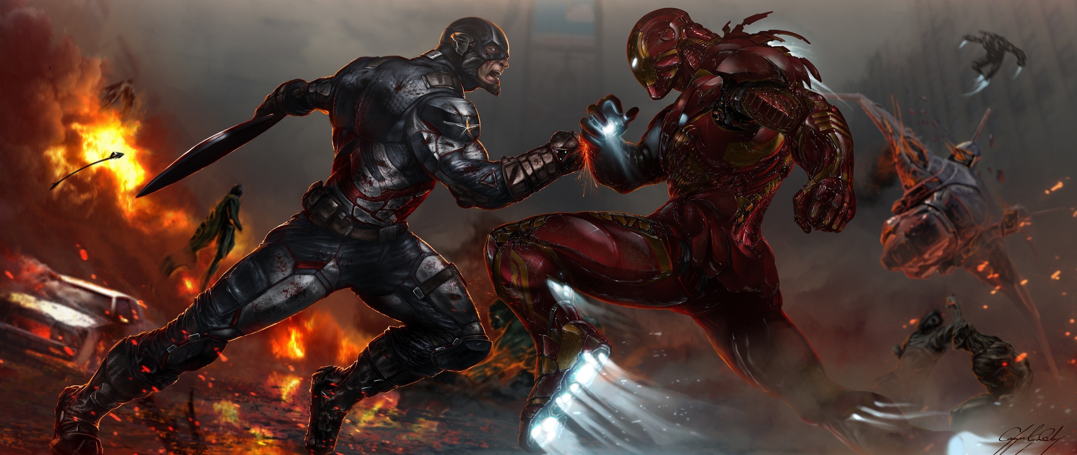 General 3498x1478 Captain America Iron Man artwork fighting Marvel Comics digital art ultrawide