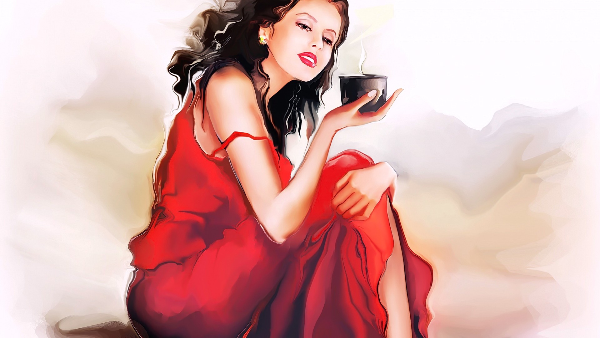 Anime 1920x1080 anime anime girls brunette realistic long hair sitting looking away cup red dress dress red clothing red lipstick women