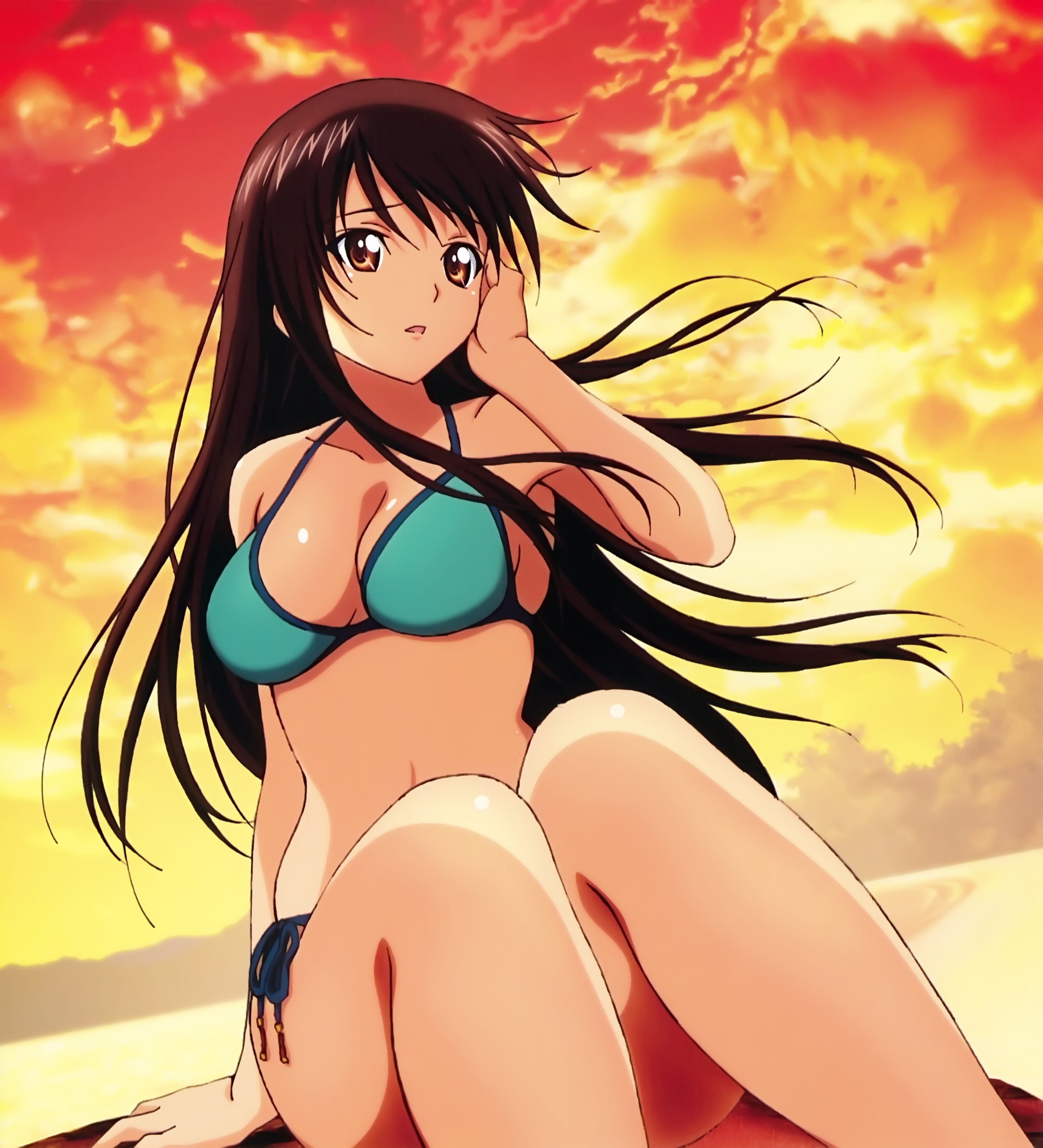 Anime 3640x4005 anime anime girls long hair Kotegawa Yui bikini cleavage To Love-ru brunette brown eyes sunset beach Suwa Masahiro boobs knees thighs legs sky orange sky