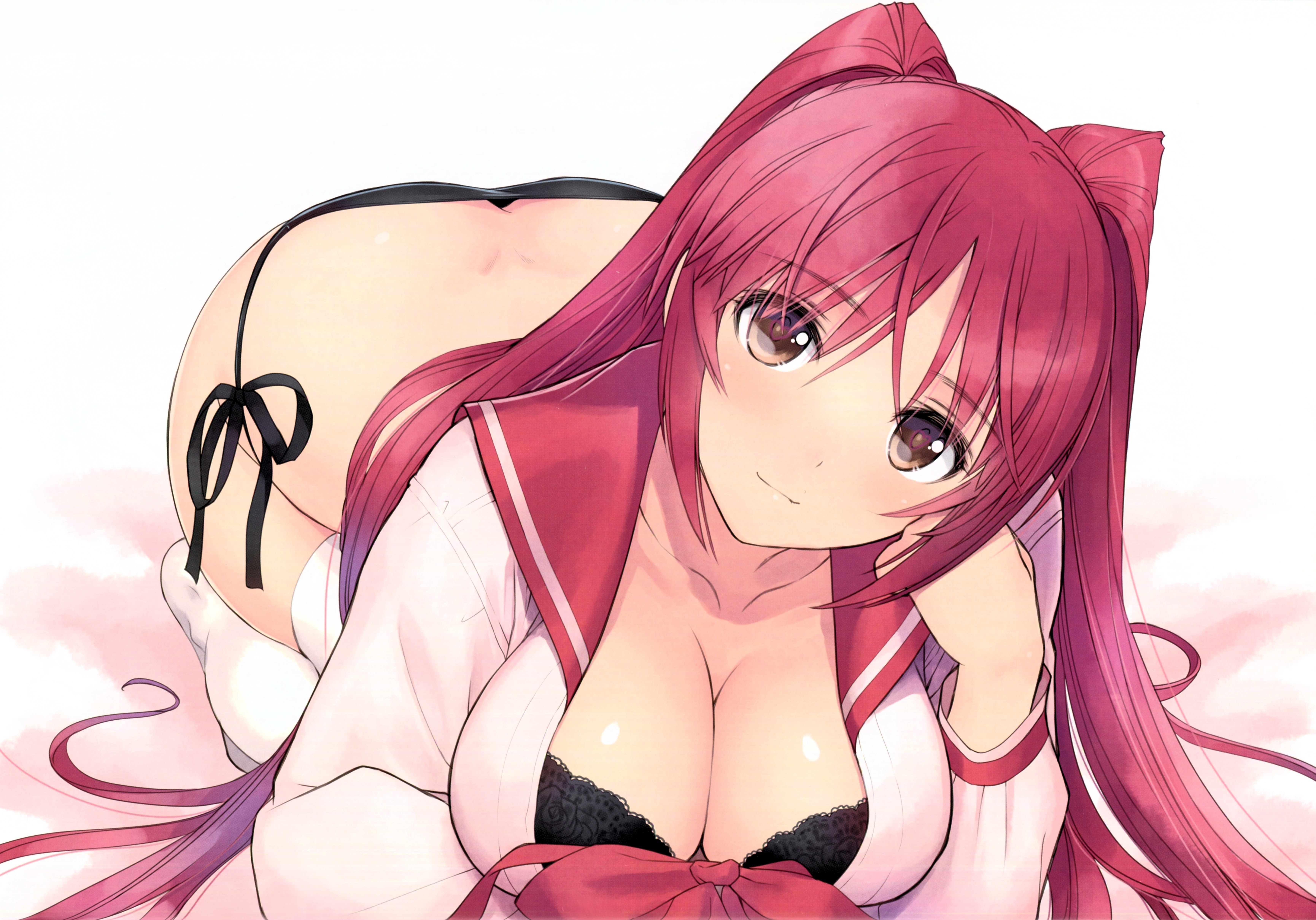 Anime 6920x4839 anime anime girls long hair To Heart 2 Kousaka Tamaki  cleavage open shirt ass bra redhead Tony Taka brown eyes bent over simple background white background looking at viewer big boobs