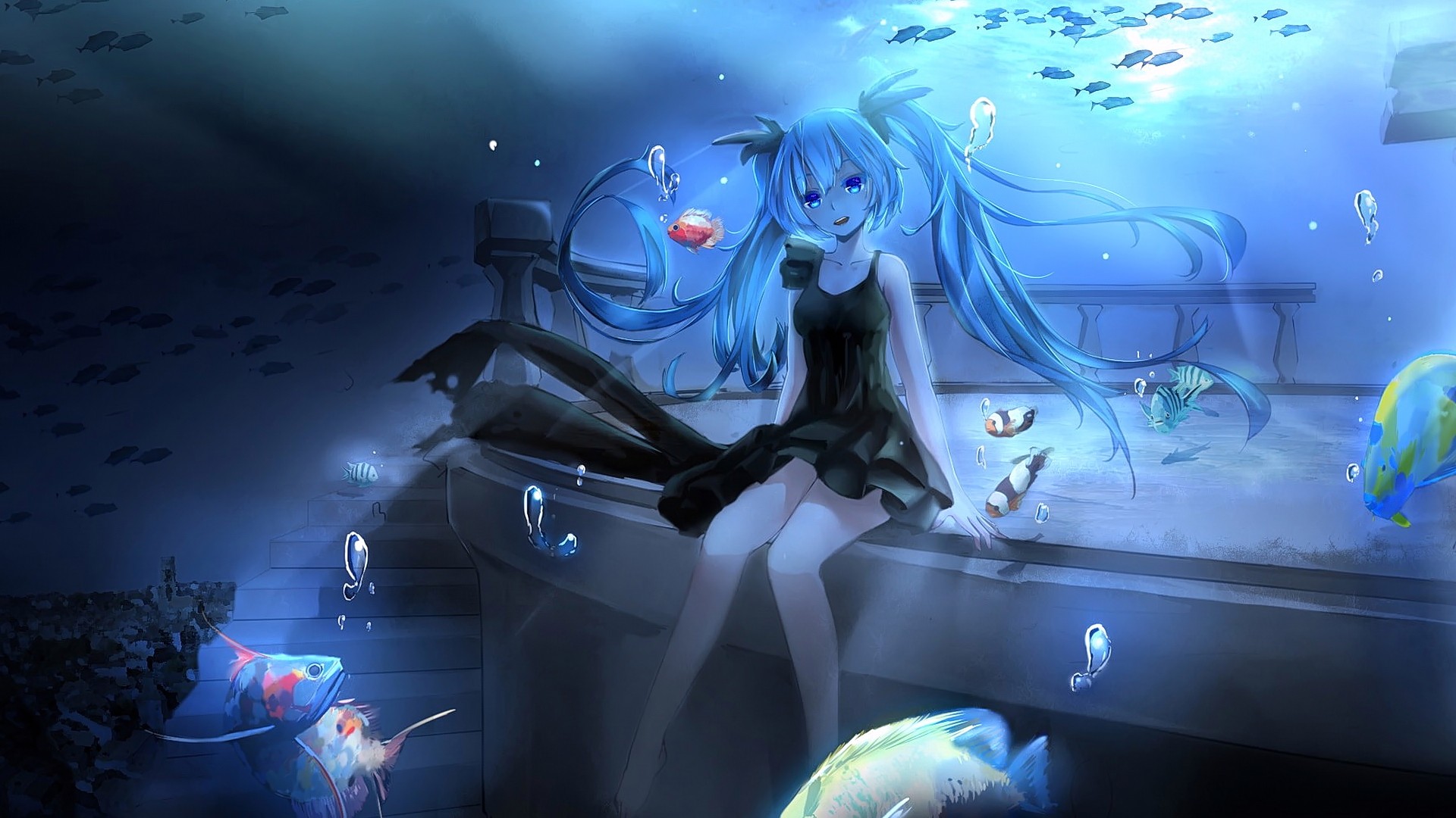 Anime 1920x1080 anime anime girls Vocaloid Hatsune Miku water fish underwater animals long hair sitting black dress blue eyes cyan hair