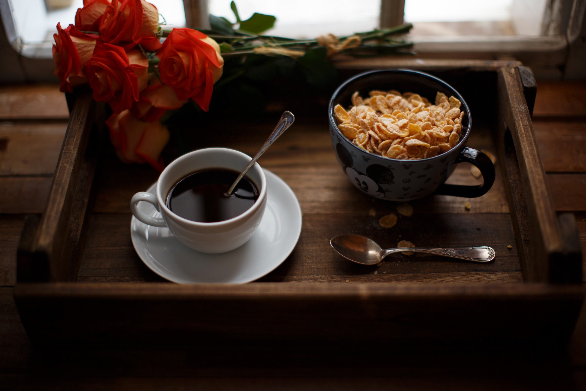 General 2048x1365 breakfast coffee food cup cereal spoon flowers rose still life indoors