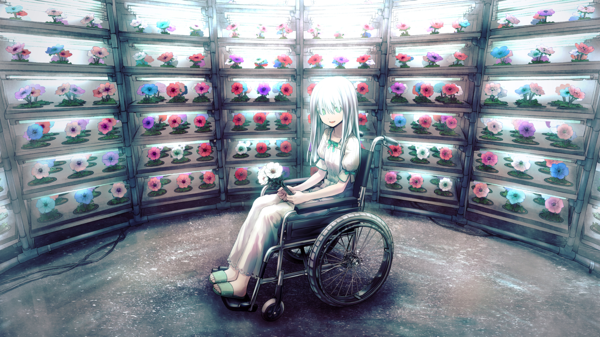 Anime 1920x1080 manga wheelchair anime girls flowers anime plants hair in face looking at viewer