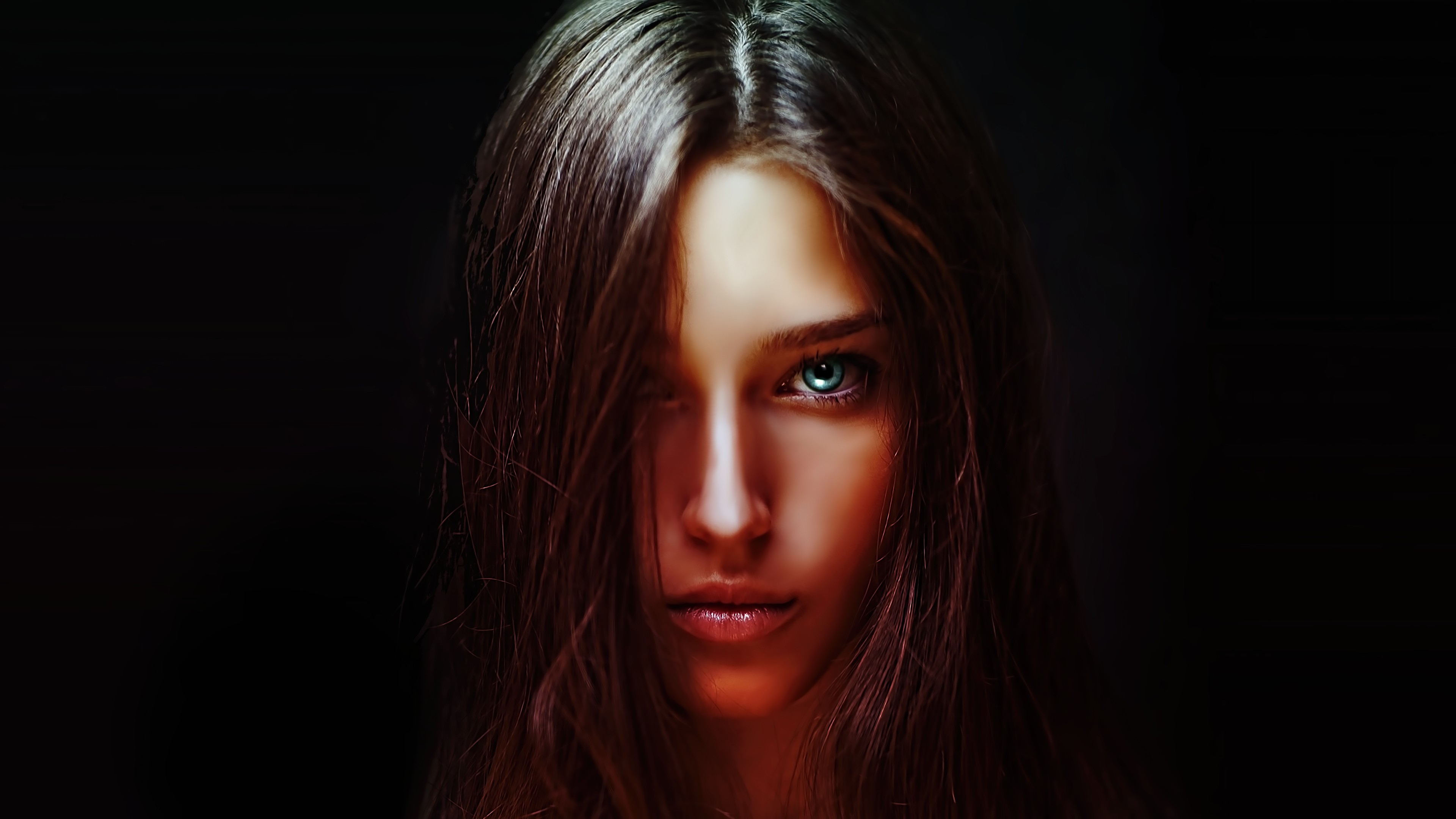 General 3840x2160 photoshopped women face Alycia Debnam Carey closeup black background hair over one eye portrait blue eyes brunette long hair looking at viewer