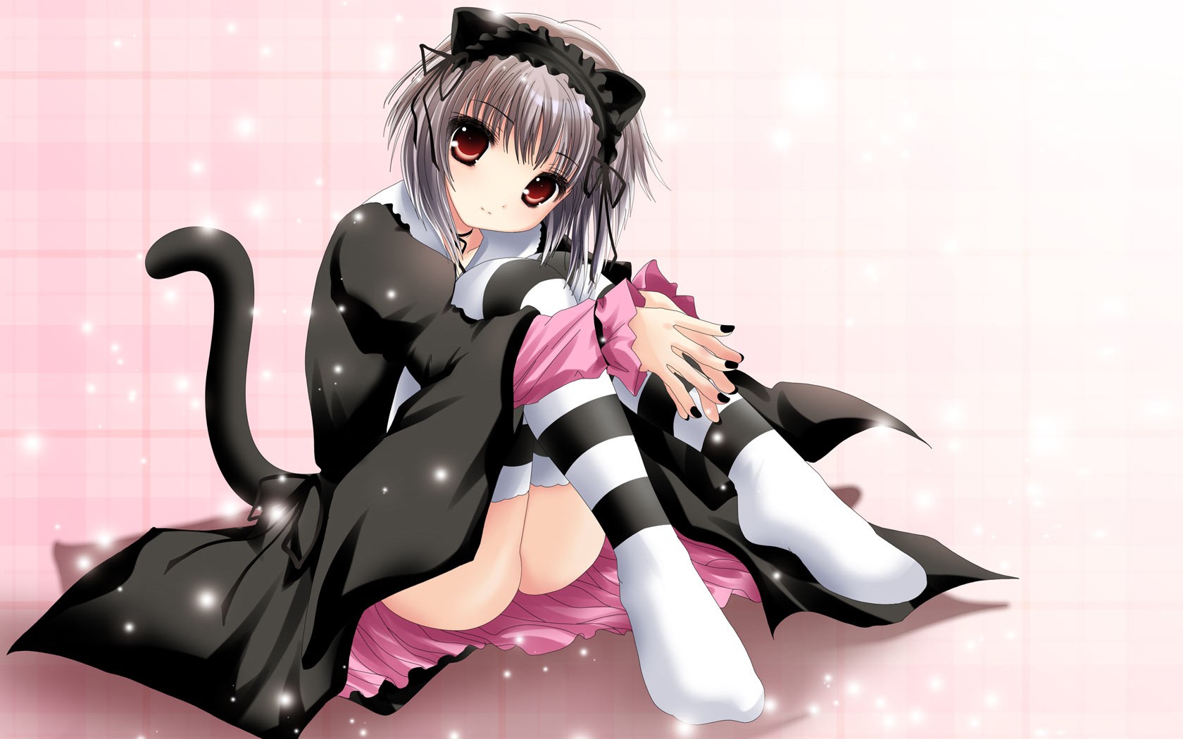 Anime 1680x1050 cat girl anime girls anime red eyes striped stockings tail looking at viewer sitting