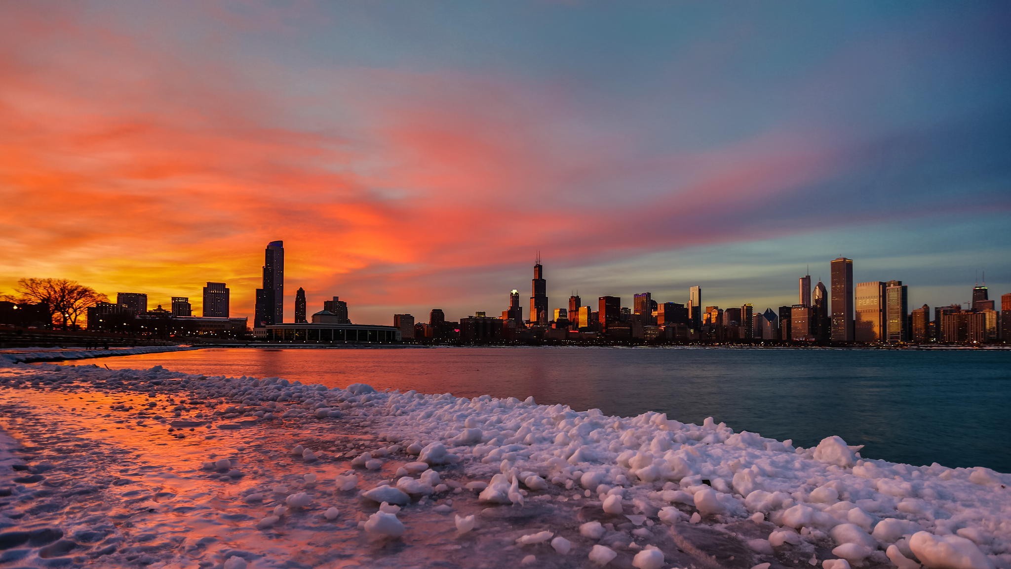 General 2048x1152 city cityscape sunset orange sky Chicago skyscraper sky cold winter ice sunlight