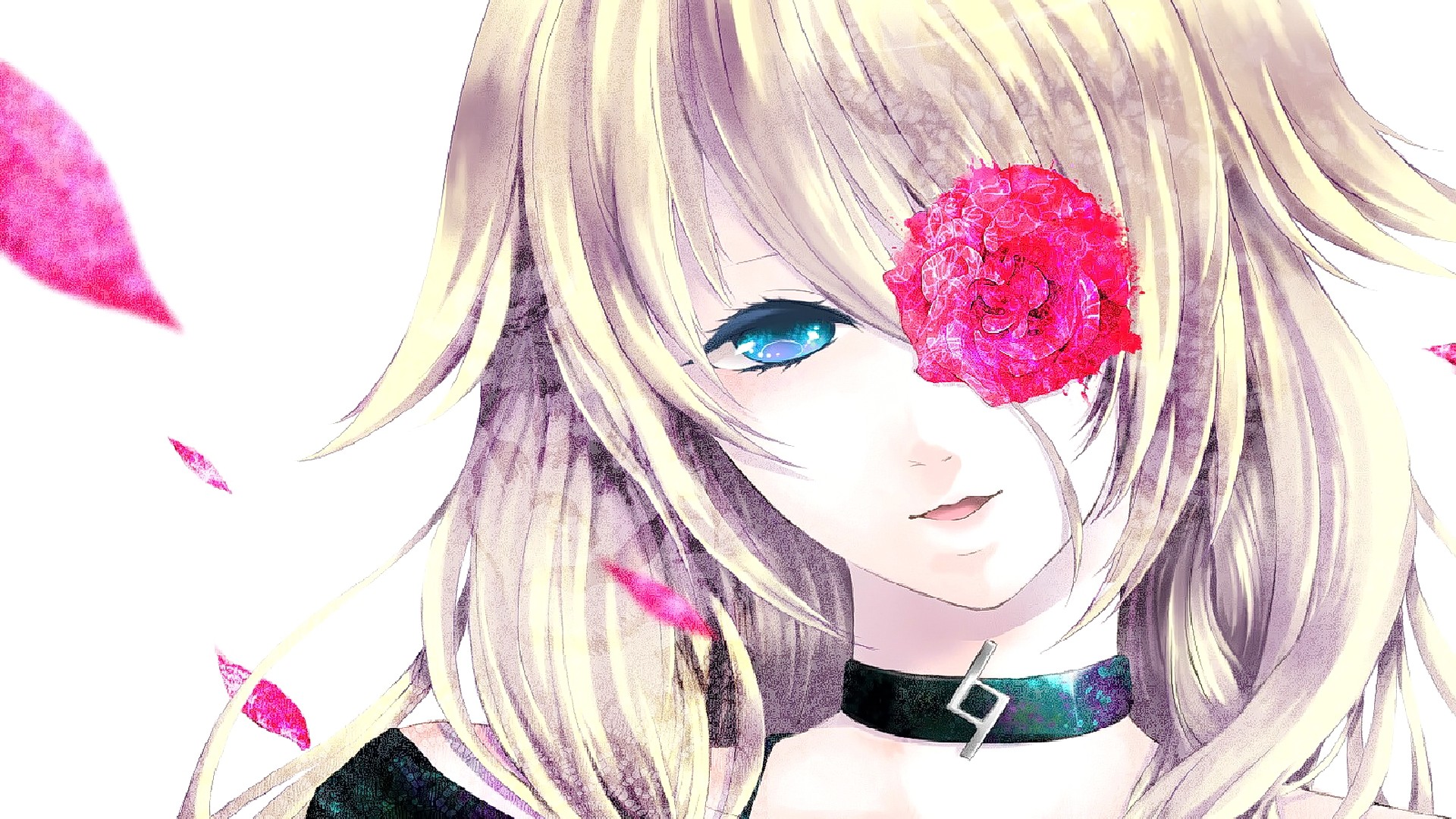 Anime 1920x1080 anime anime girls long hair blonde blue eyes open mouth looking at viewer IA (Vocaloid) women flowers leaves face choker simple background white background