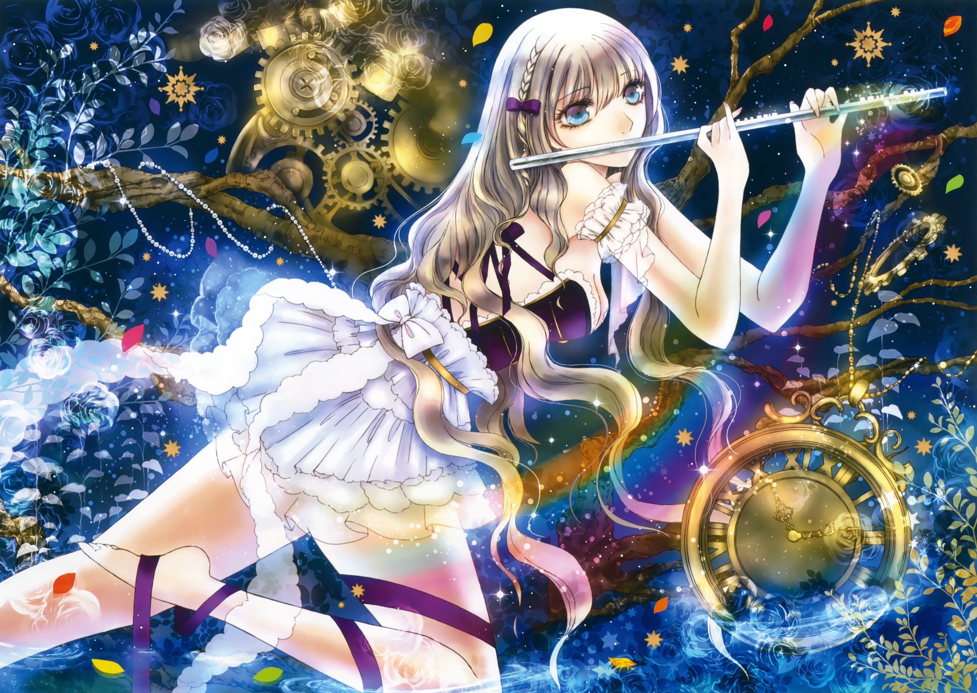 Anime 3300x2343 anime anime girls flute long hair feet music musical instrument fantasy art fantasy girl thighs legs aqua eyes dress clocks Gear Wheels