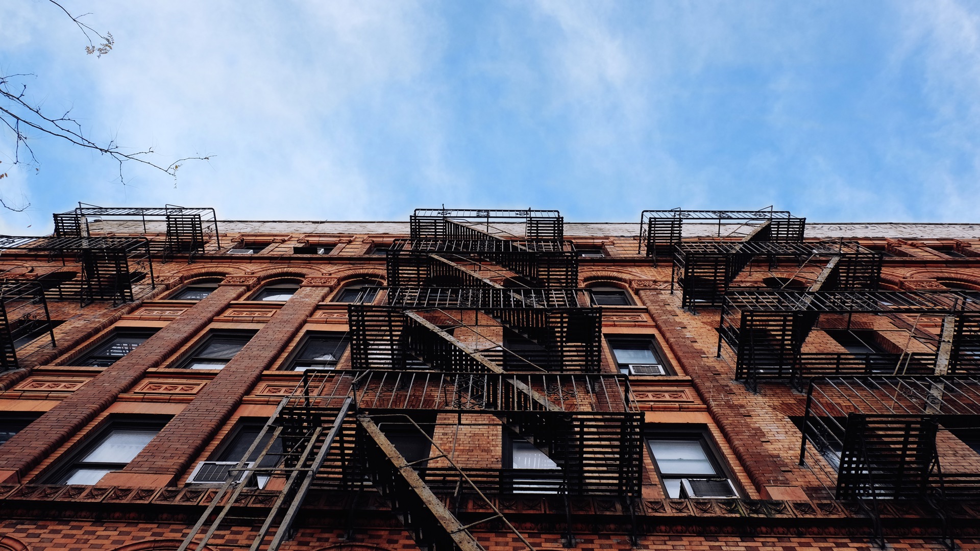 General 1920x1080 architecture building old building ladder worm's eye view clouds branch window bricks New York City USA Brooklyn bottom view