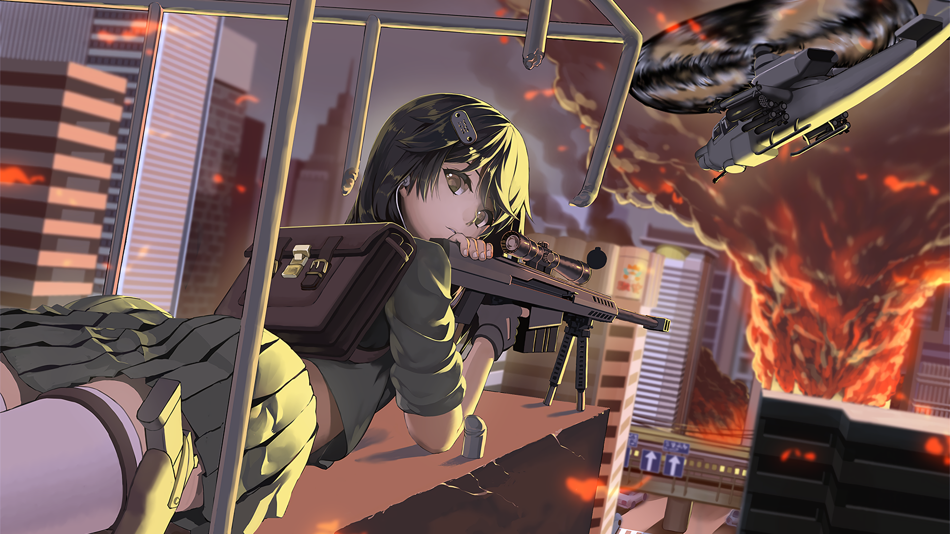 Anime 1920x1080 original characters anime anime girls sniper rifle girls with guns stockings scopes helicopters explosion pistol anime girls with guns weapon rifles looking back looking at viewer dark hair vehicle fire burning city M82A1 lying on front