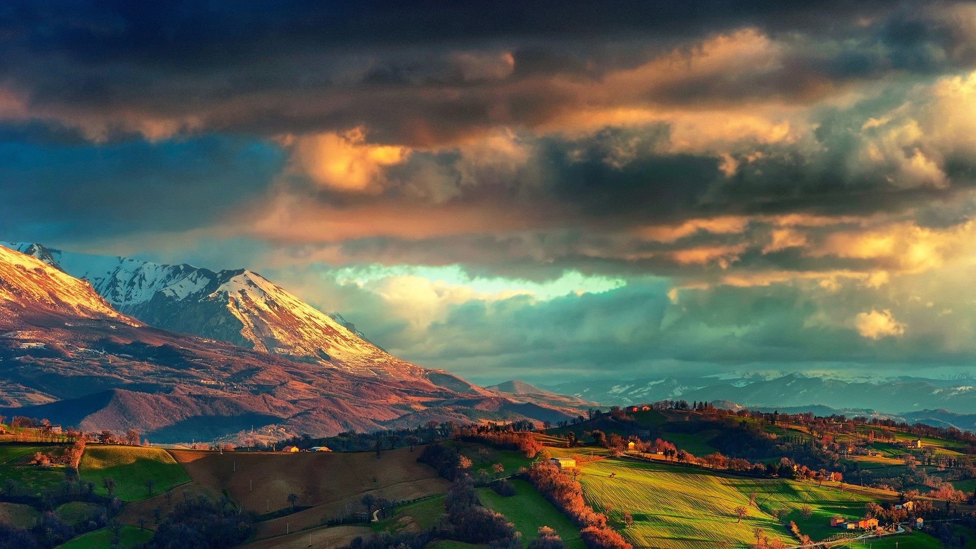 General 1920x1080 nature landscape mountains clouds Italy Alps hills trees fall sunset snowy peak field
