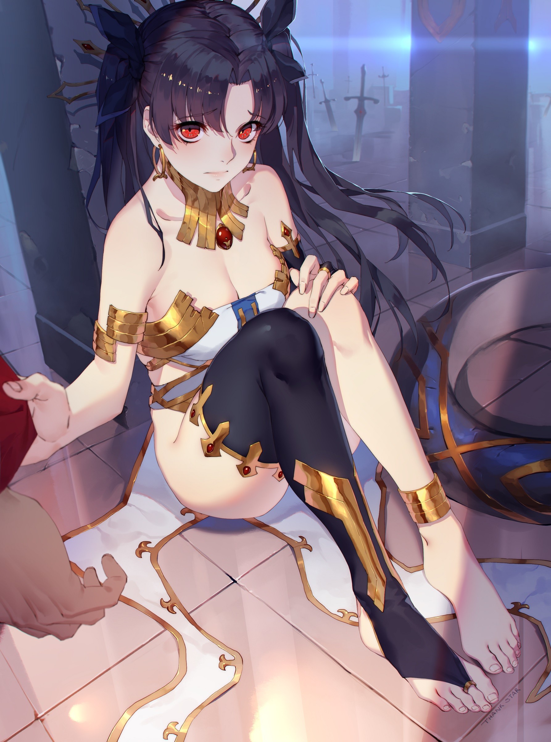 Anime 1786x2406 anime anime girls Fate/Grand Order Ishtar (Fate/Grand Order) missing sock barefoot bare shoulders cleavage dark hair red eyes POV Fate series Thankstar404
