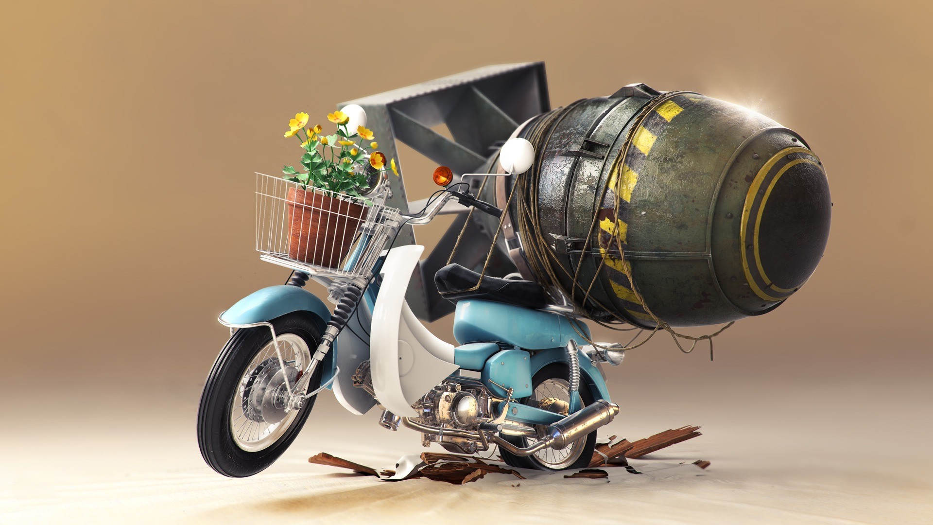 General 1920x1080 flowerpot yellow flowers bombs photo manipulation photoshopped atomic bomb beige background beige cyan flowers humor scooters