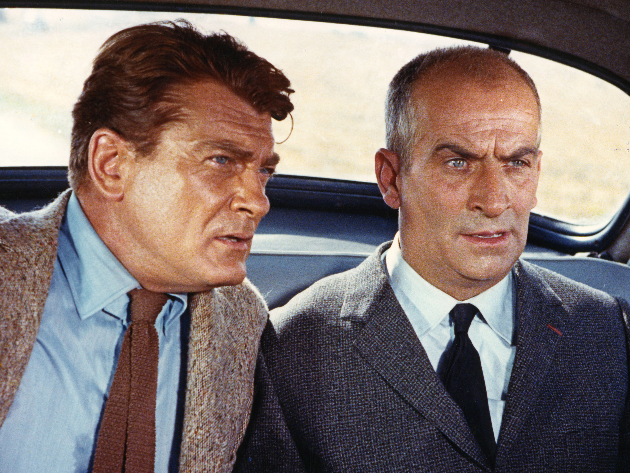 People 2662x1998 men actor movies Fantomas Jean Marais French vintage film stills suits car interior tie 1960s blue eyes Louis de Funès