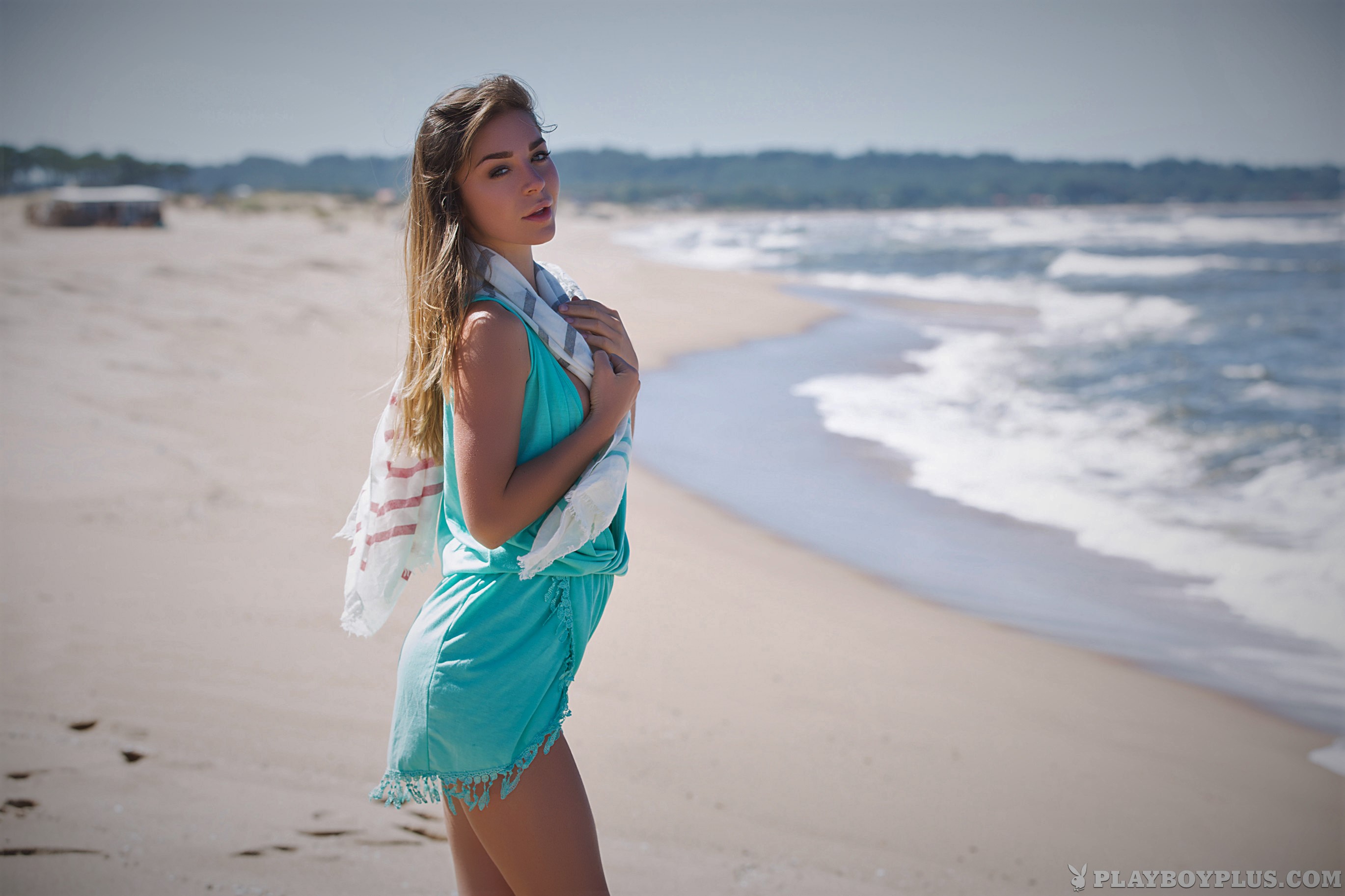 Women Lily Chey Women Outdoors Model Beach Playboy Blue Dress Women On Beach Playboy