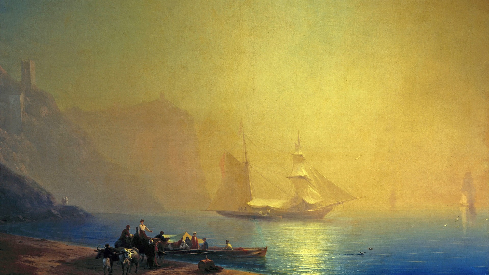 General 1920x1080 artwork painting classic art water sea sailing ship Ivan Aivazovsky people boat cliff sunlight