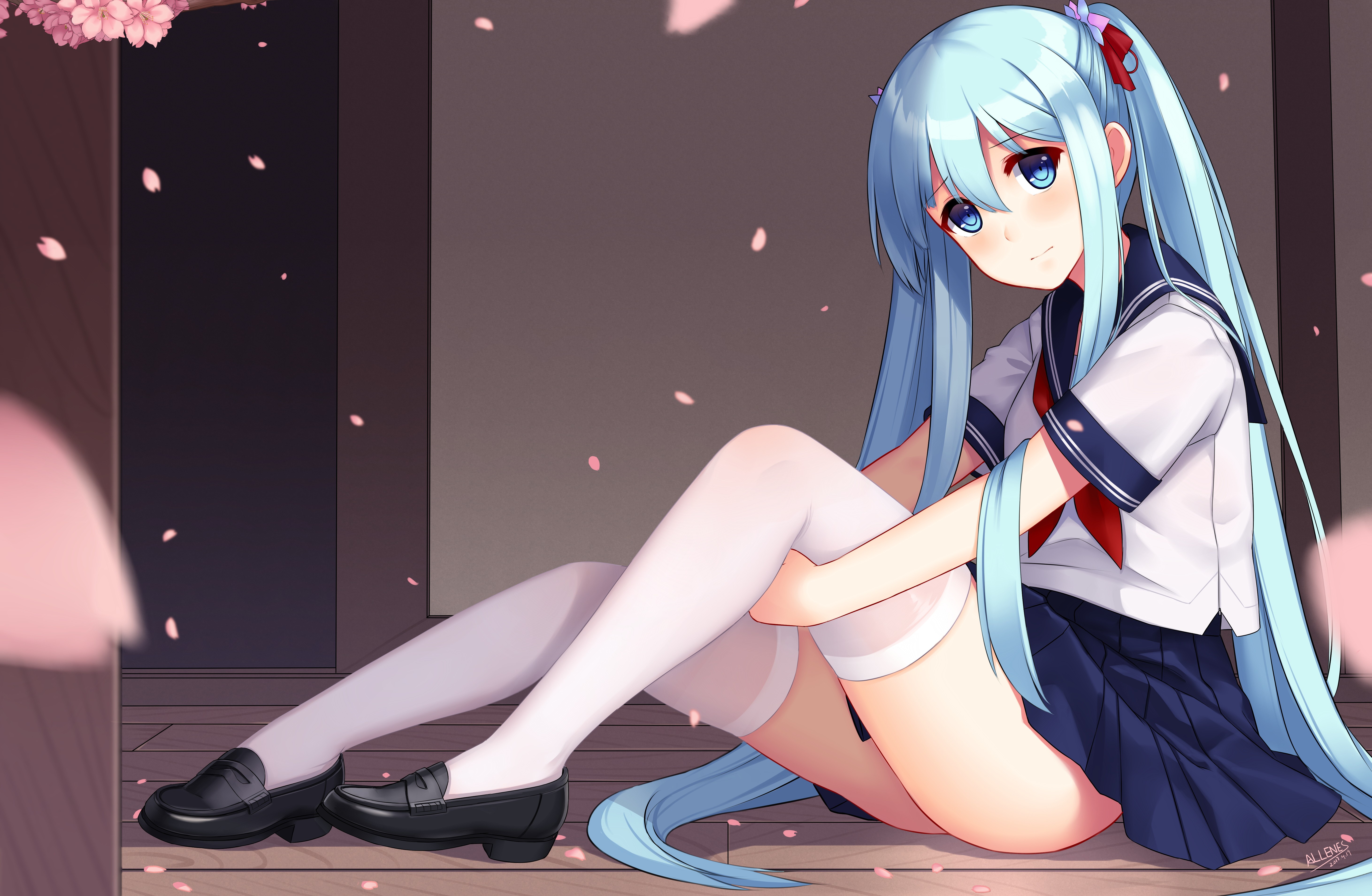 Anime 5846x3819 blue eyes thigh-highs sitting stockings on the floor anime girls anime blue hair school uniform long hair Zhanjian Shaonu artwork Allenes