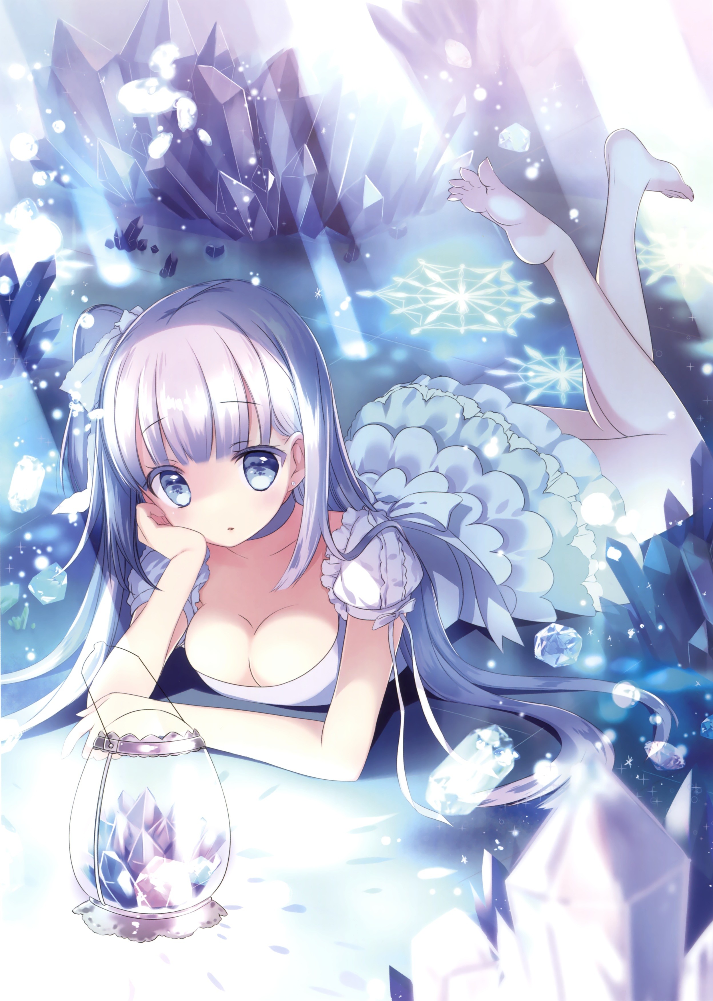 Anime 2495x3500 lying on front anime girls bangs legs up feet in the air long hair straight hair gray hair toes pointed toes portrait display upright cleavage lying down looking at viewer barefoot snowflakes dress hand on face frills sunlight