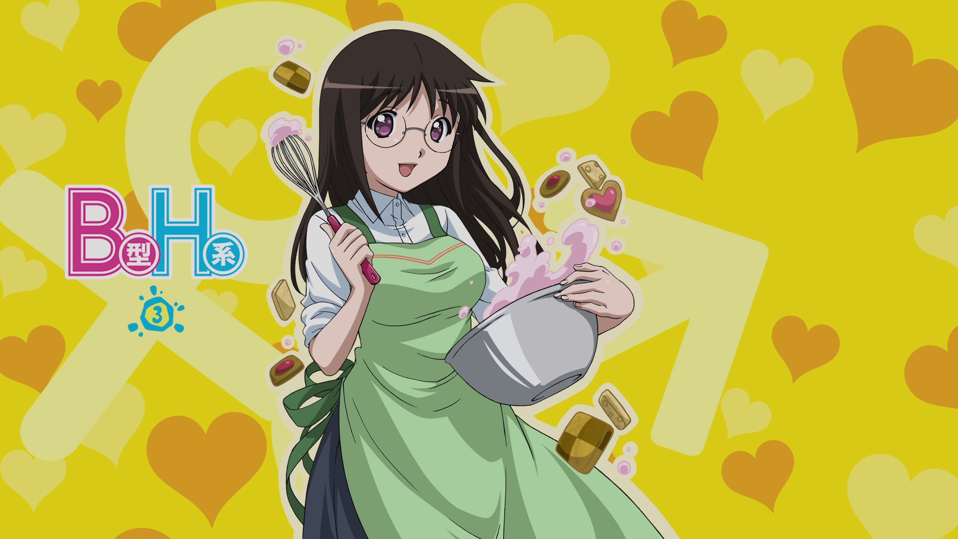Anime 1920x1080 B-gata H-kei anime girls anime food cooking brunette yellow background