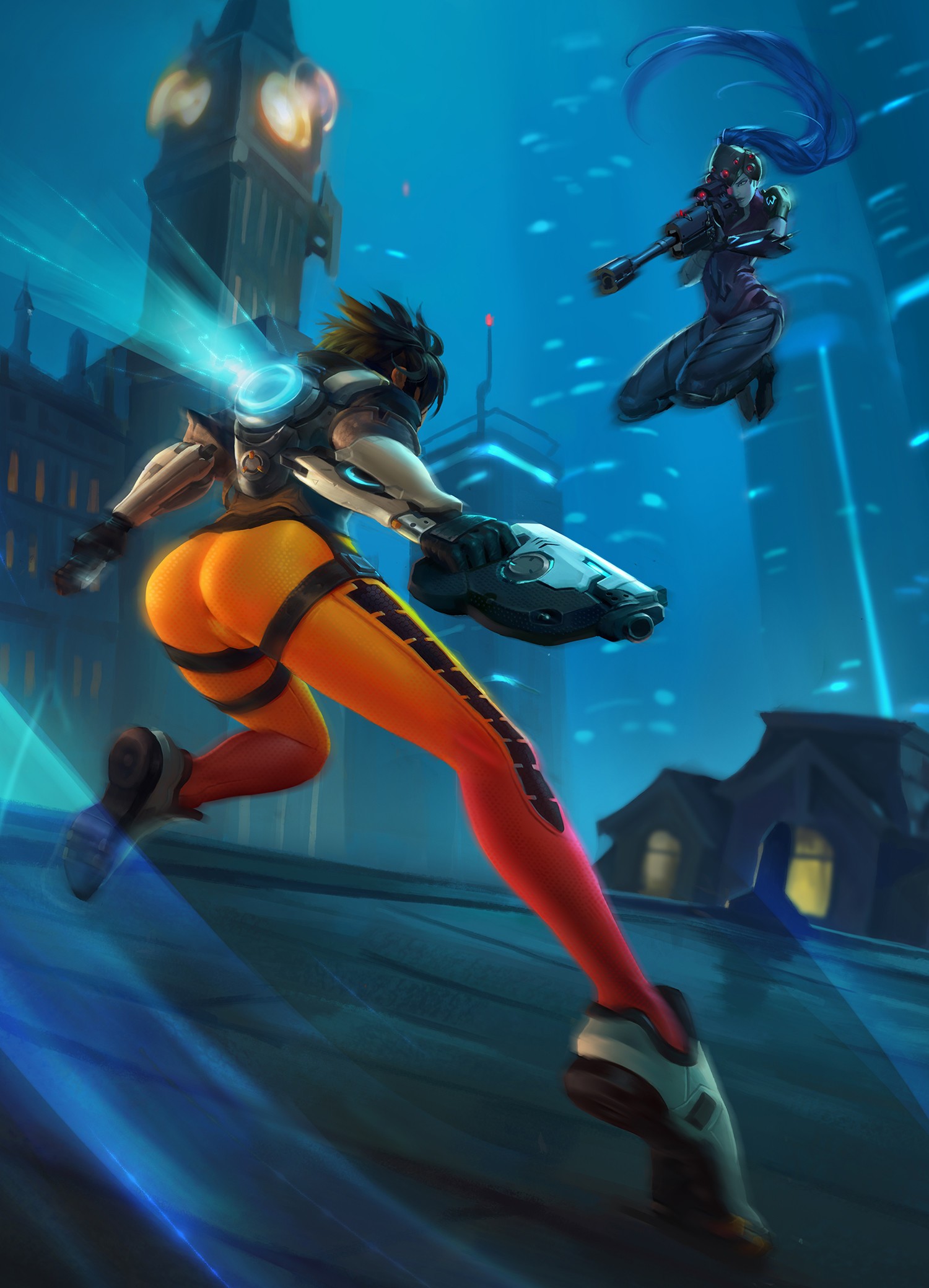 General 1500x2078 Overwatch Tracer (Overwatch) Widowmaker (Overwatch) PC gaming rear view video game girls ass tight clothing night two women pistol sniper rifle leggings ponytail long hair bent legs