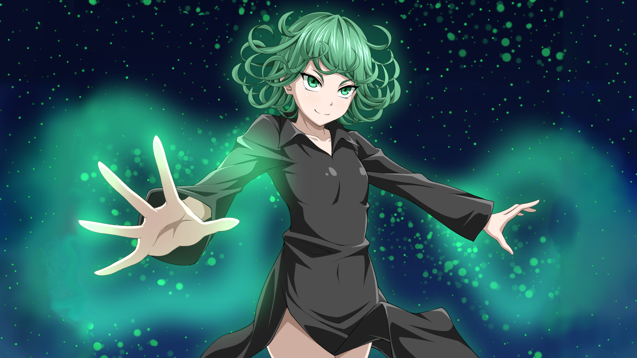 Anime 2085x1173 One-Punch Man Tatsumaki anime girls green hair green eyes anime black dress dress black clothing smiling