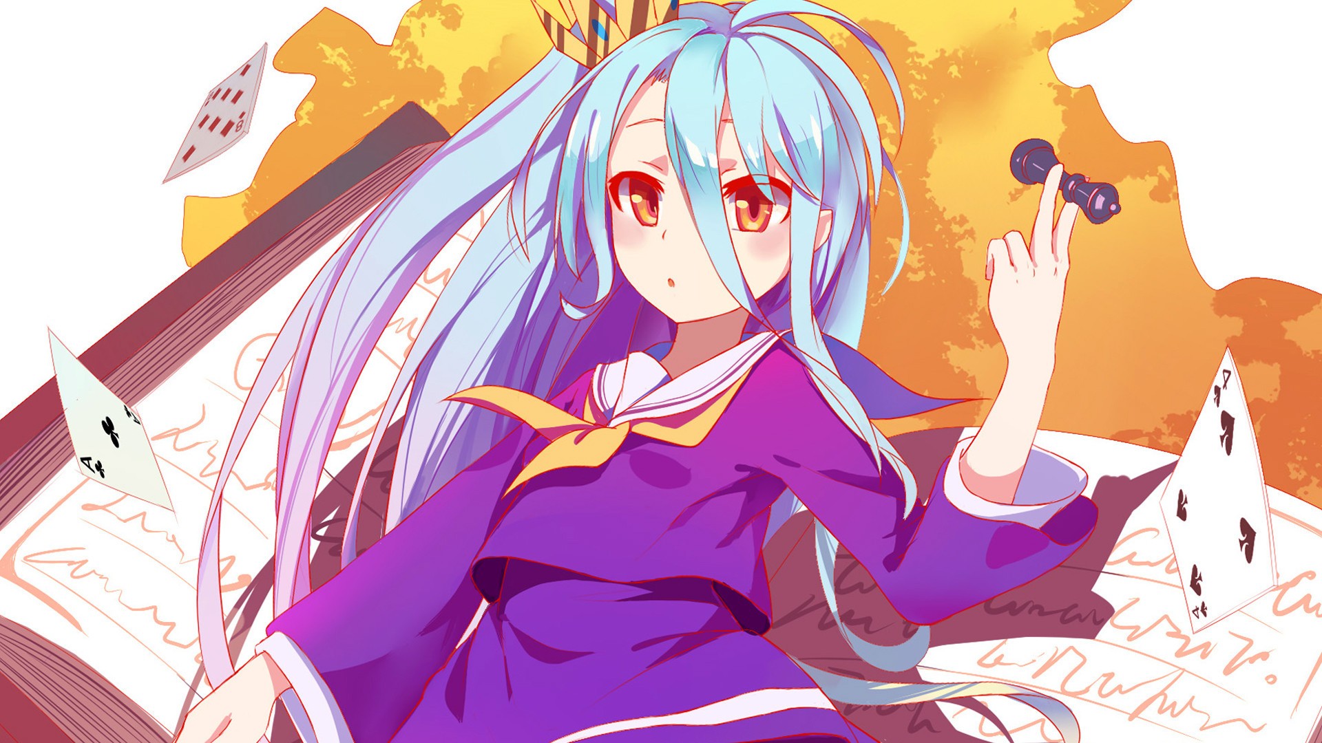 Anime 1920x1080 No Game No Life Shiro (No Game No Life) playing cards numbers red eyes long hair anime girls anime hair in face cyan hair