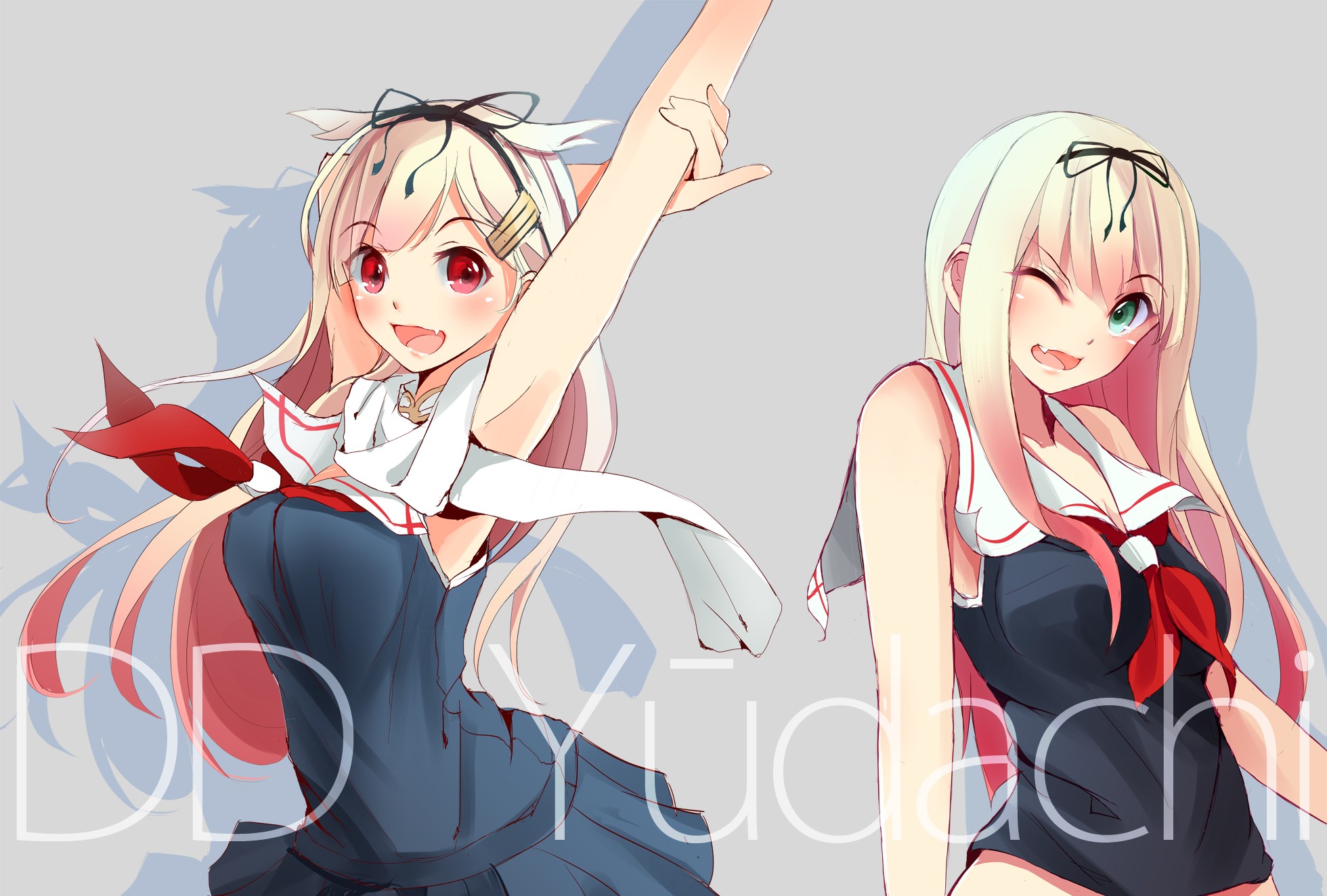 Anime 1960x1324 anime anime girls green eyes red eyes open mouth dress one eye closed looking at viewer blonde long hair