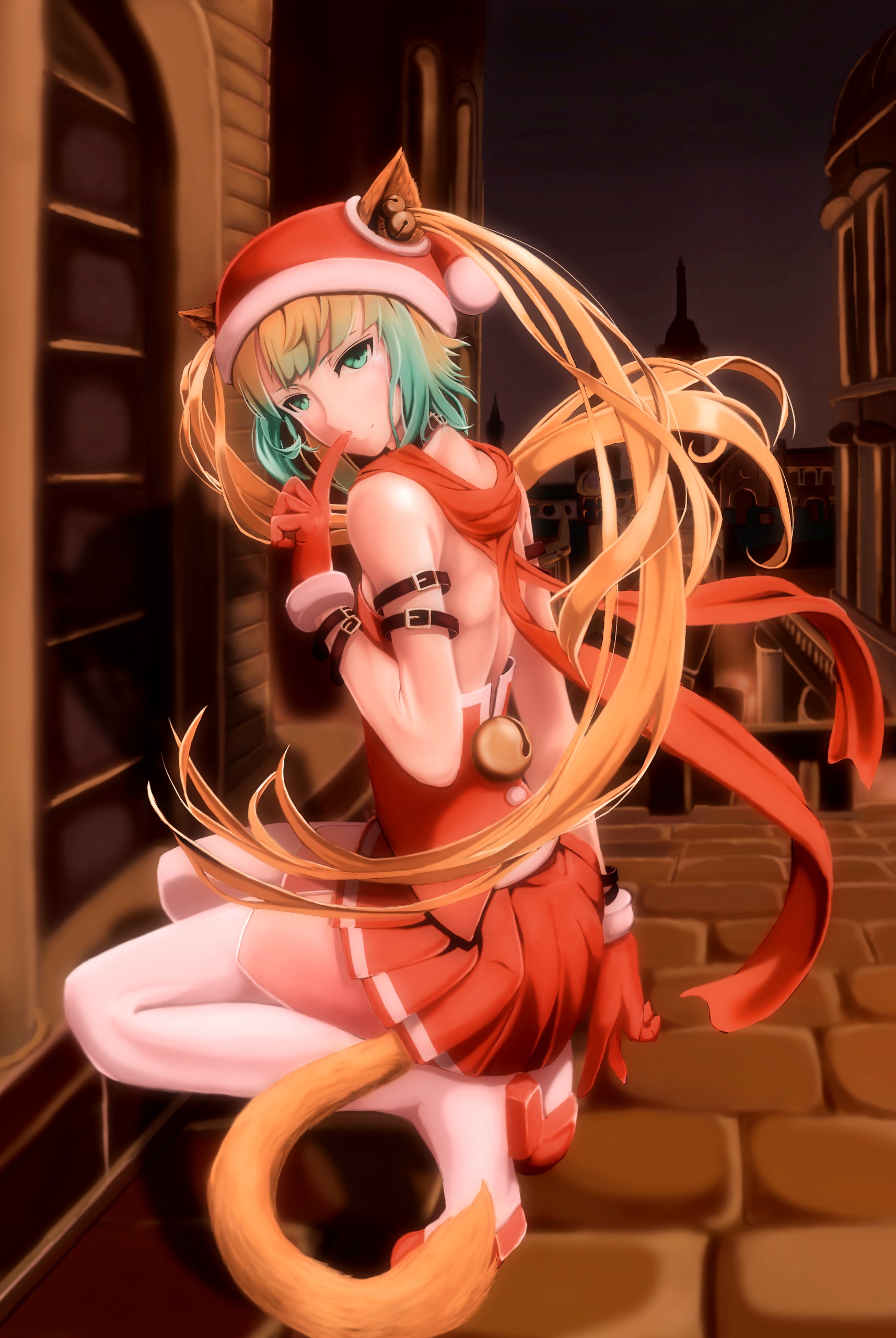 Anime 1715x2560 anime anime girls long hair green eyes animal ears Fate/Apocrypha  Fate/Grand Order Pixiv silence hand gesture squatting multi-colored hair
