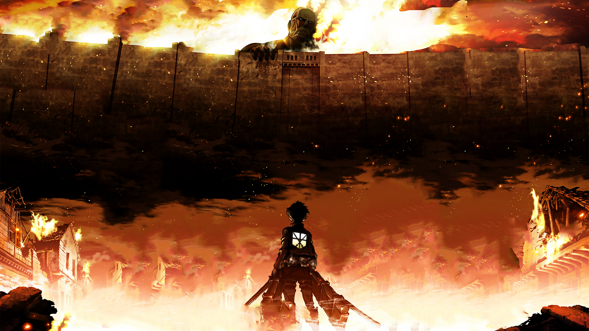 Anime 1920x1080 Shingeki no Kyojin anime fire burning Eren Jeager