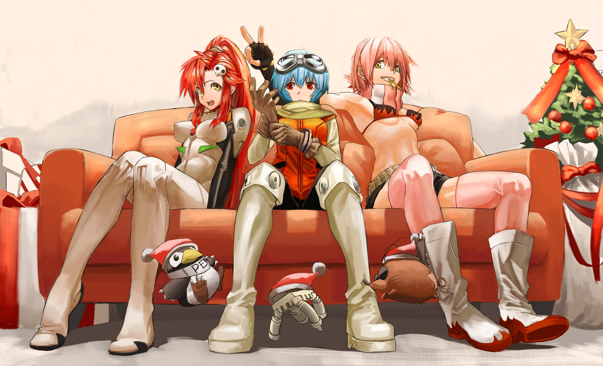Anime 1919x1166 FLCL Tengen Toppa Gurren Lagann Neon Genesis Evangelion Littner Yoko Haruhara Haruko Ayanami Rei sitting couch group of women frontal view boobs belly tight clothing ponytail goggles boots Christmas tree hat women women indoors peace sign hand gesture smiling indoors anime anime girls women trio crossover