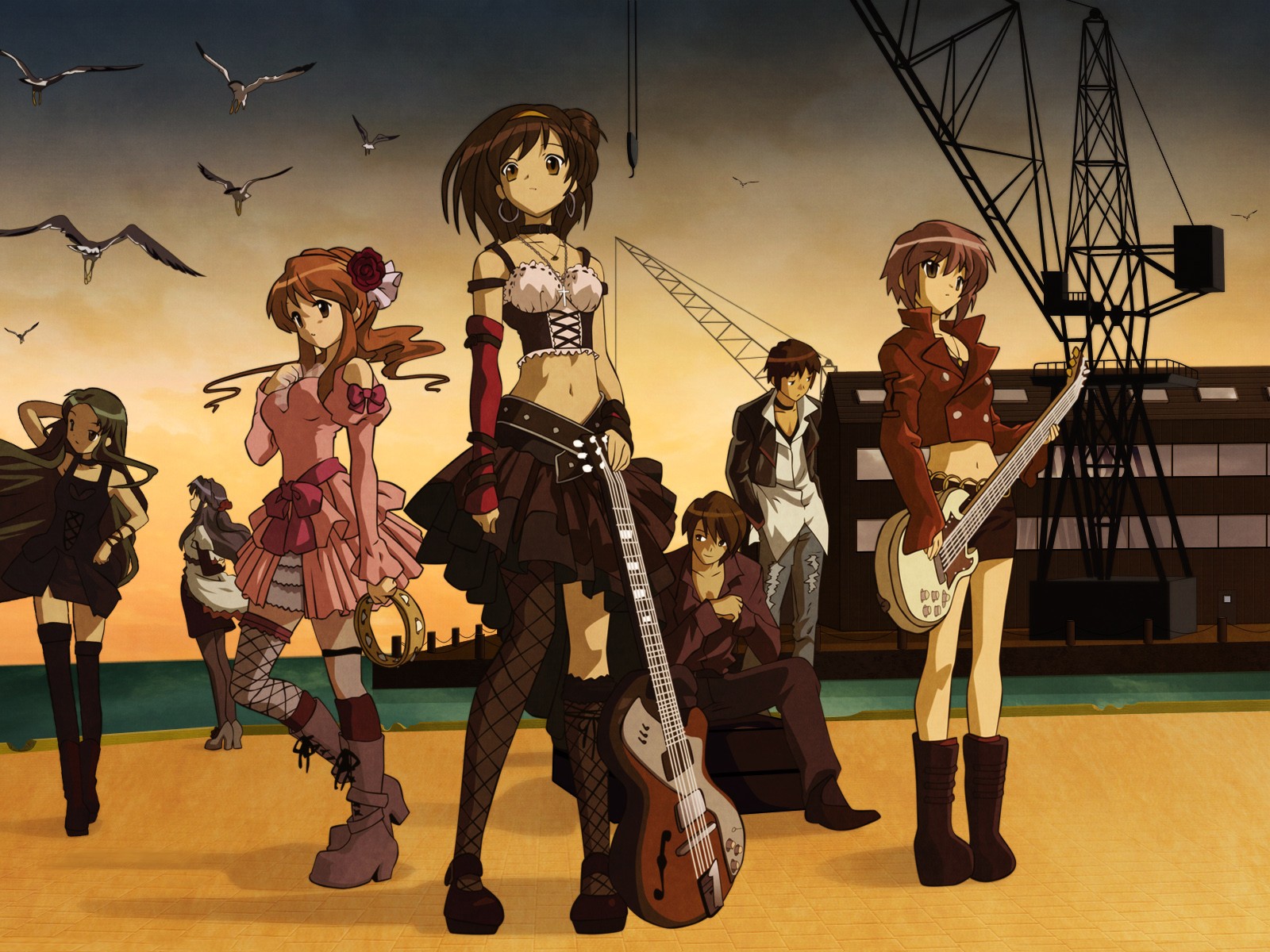 Anime 1600x1200 The Melancholy of Haruhi Suzumiya anime girls anime guitar musical instrument group of women anime boys