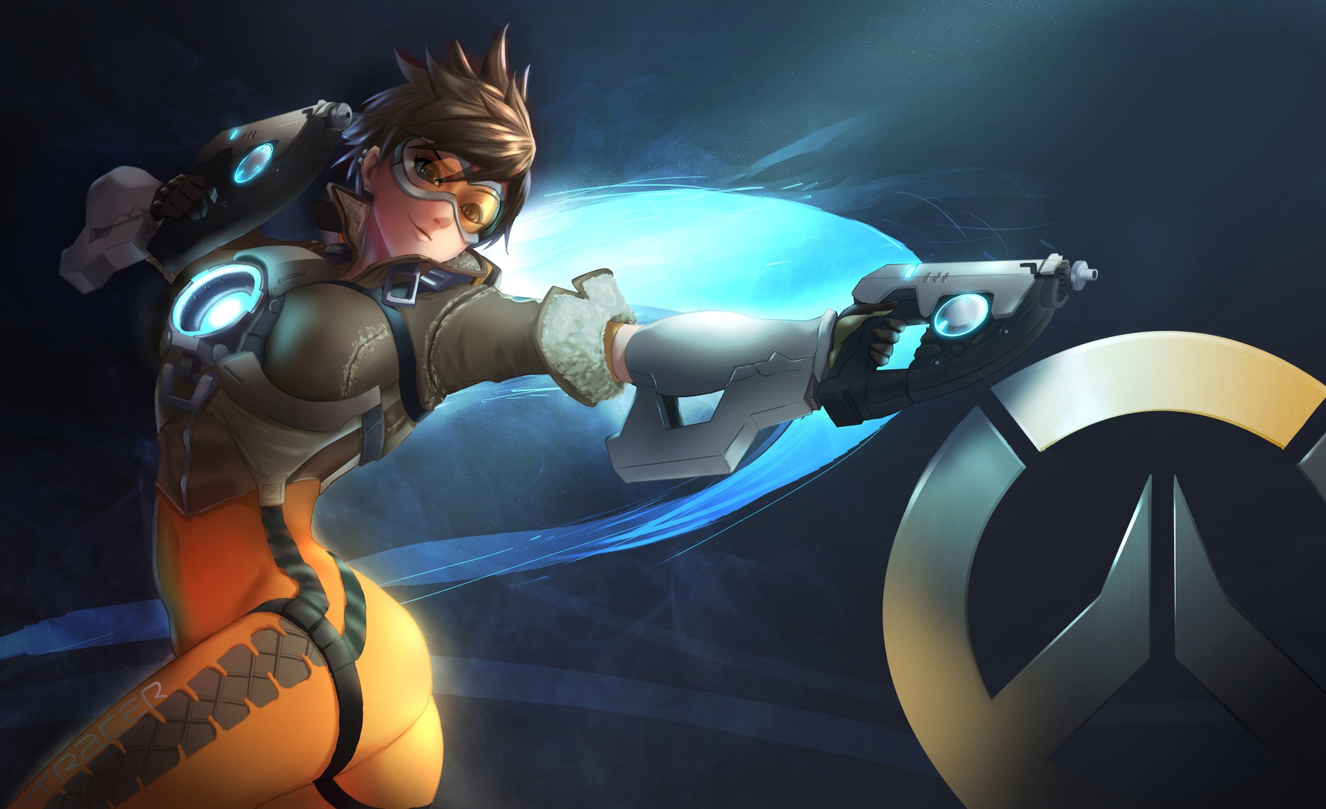 General 1920x1171 Overwatch Tracer (Overwatch) PC gaming ass gun video game characters video game girls brunette girls with guns goggles smiling