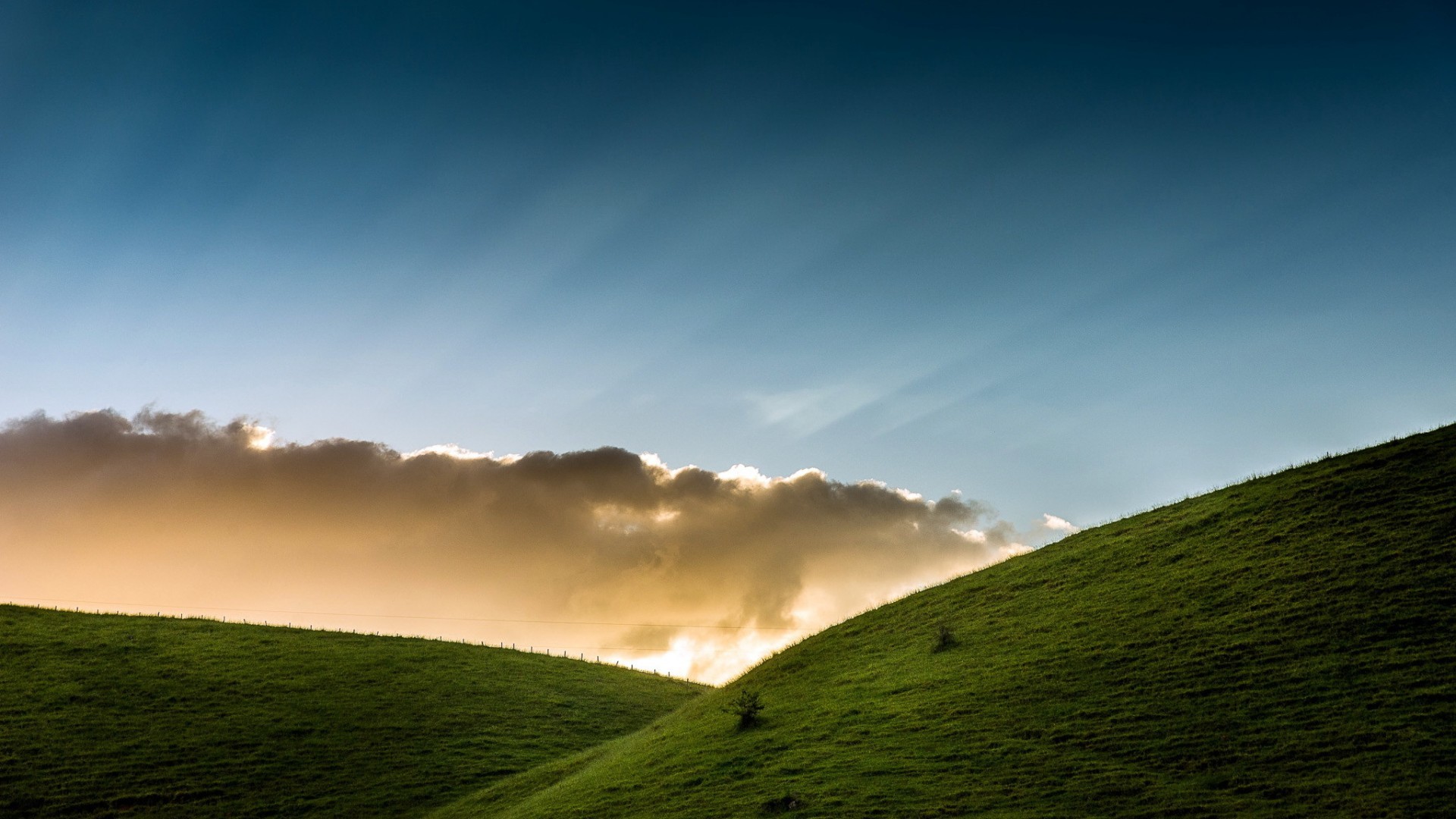 General 1920x1080 nature landscape clouds hills grass sun rays fence calm sunset
