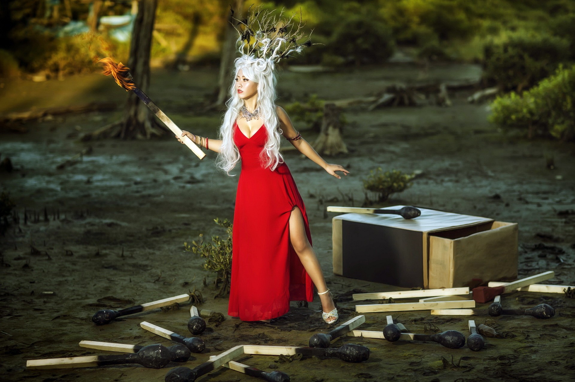 People 1920x1277 matches Asian women model white hair red dress matchstick red clothing dress cleavage long hair women outdoors fire burning legs collar red lipstick