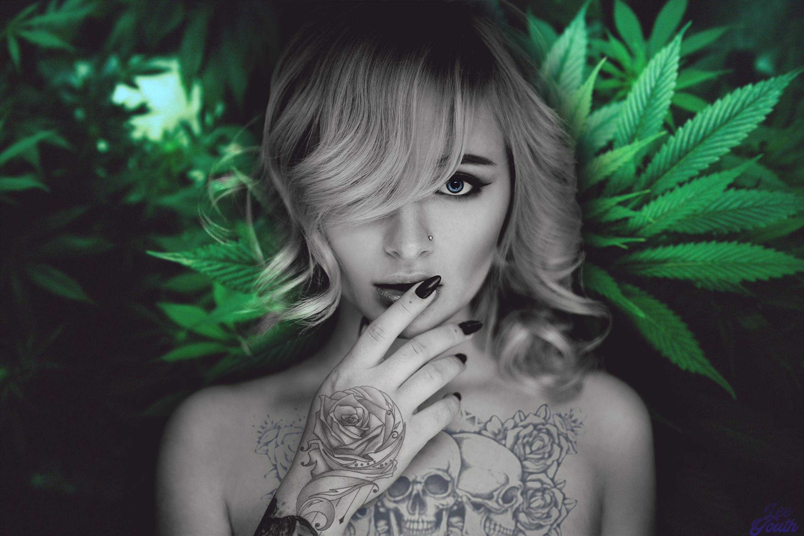 People 2560x1707 cannabis drugs plants leaves Lyuba Menyaeva women model hair in face selective coloring face parted lips painted nails inked girls tattoo skull Skull Tattoo looking at viewer closeup