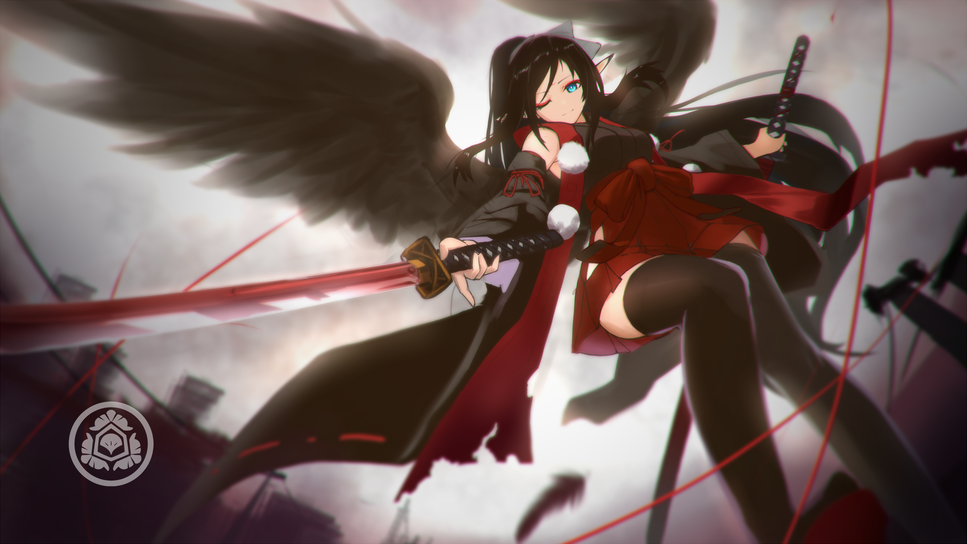 Anime 1920x1080 anime anime girls long hair blue eyes wings elves sword thigh-highs Pixiv women with swords girls with guns pointy ears stockings black stockings one eye closed