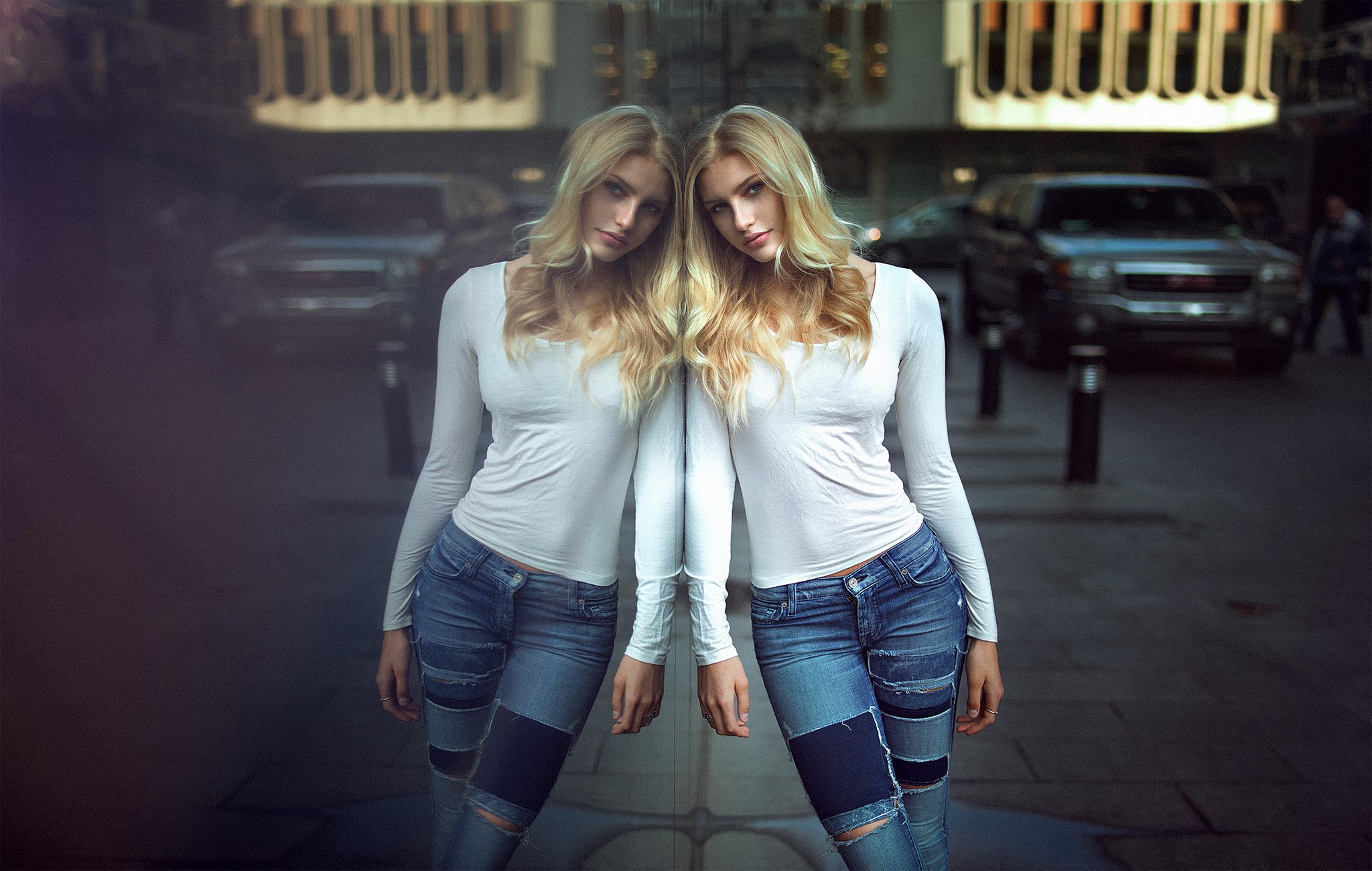 People 2048x1300 women blonde jeans torn jeans glass reflection urban women outdoors slim body looking at viewer street car city long hair white shirt