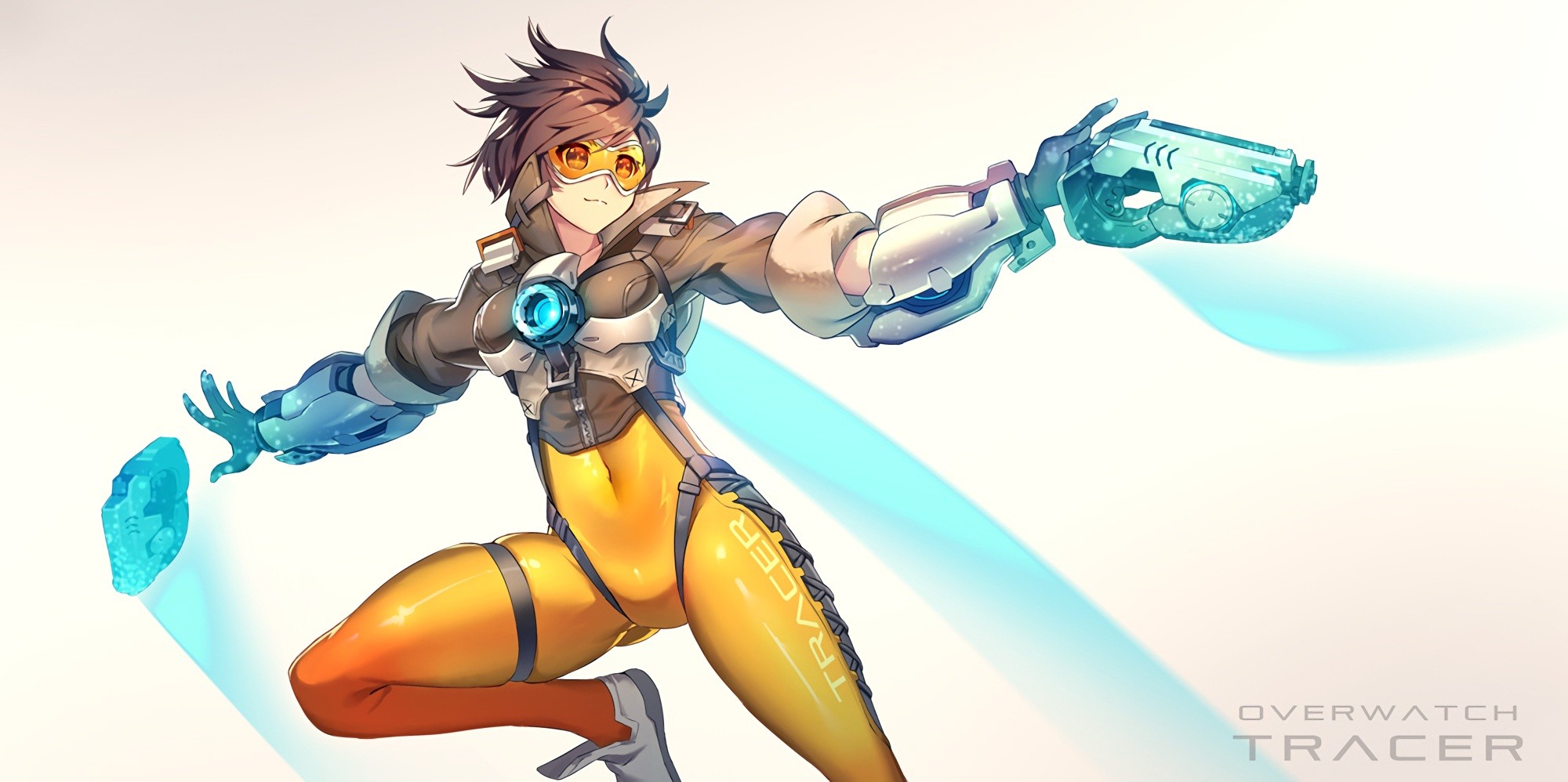 Anime 2000x998 anime anime girls Overwatch Tracer (Overwatch) armor bodysuit short hair gloves gun weapon cyan video game girls women video game characters PC gaming girls with guns white background simple background goggles
