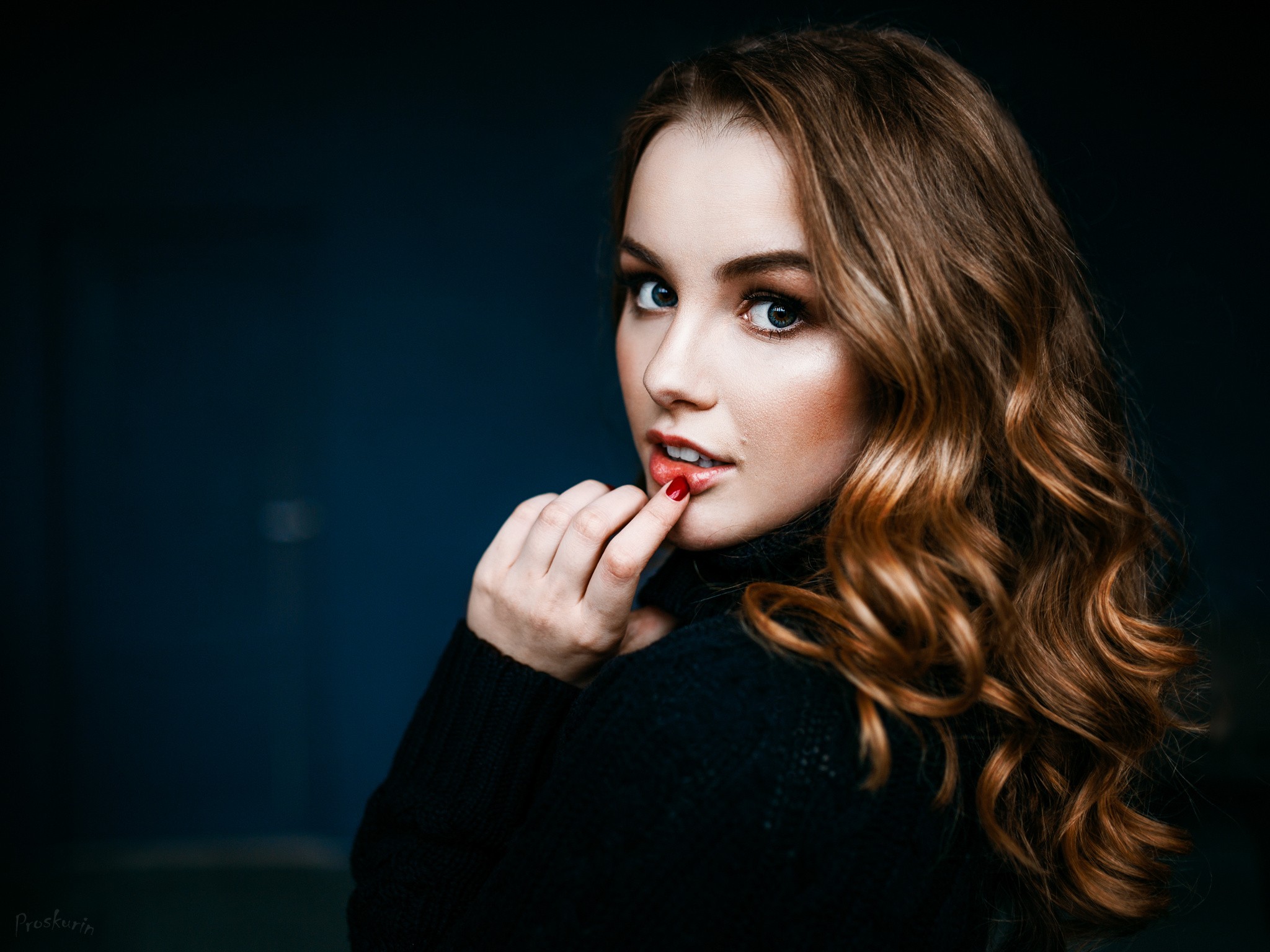 People 2048x1536 women face portrait finger on lips looking at viewer wavy hair Julia Tavrina red nails Ivan Proskurin 500px sweater black sweater curly hair brunette model women indoors indoors painted nails long hair young women closeup watermarked