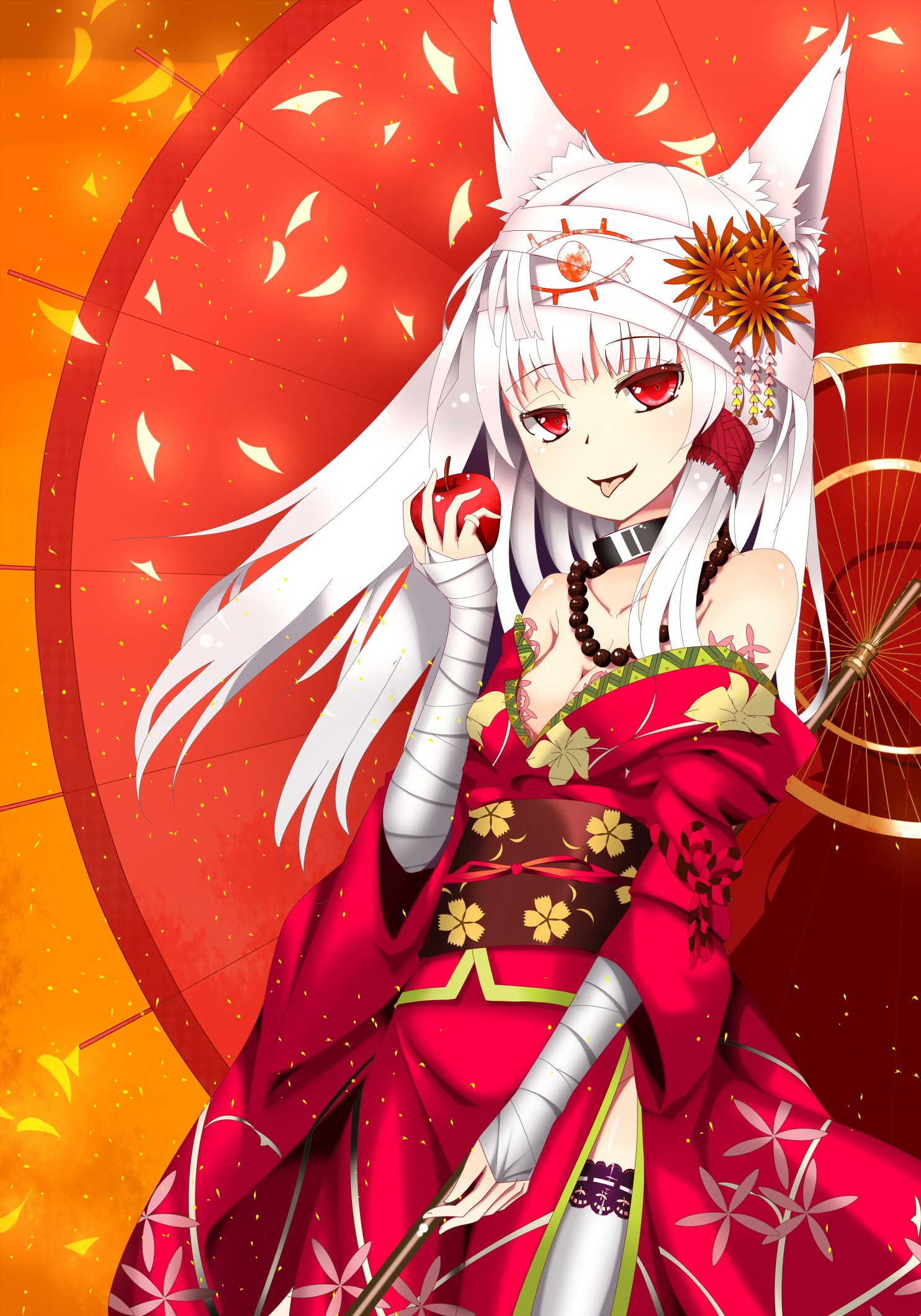 Anime 1484x2121 anime anime girls animal ears white hair red eyes apples Japanese clothes bandages long hair standing umbrella fantasy art fantasy girl food fruit Pixiv tongues tongue out traditional clothing dress