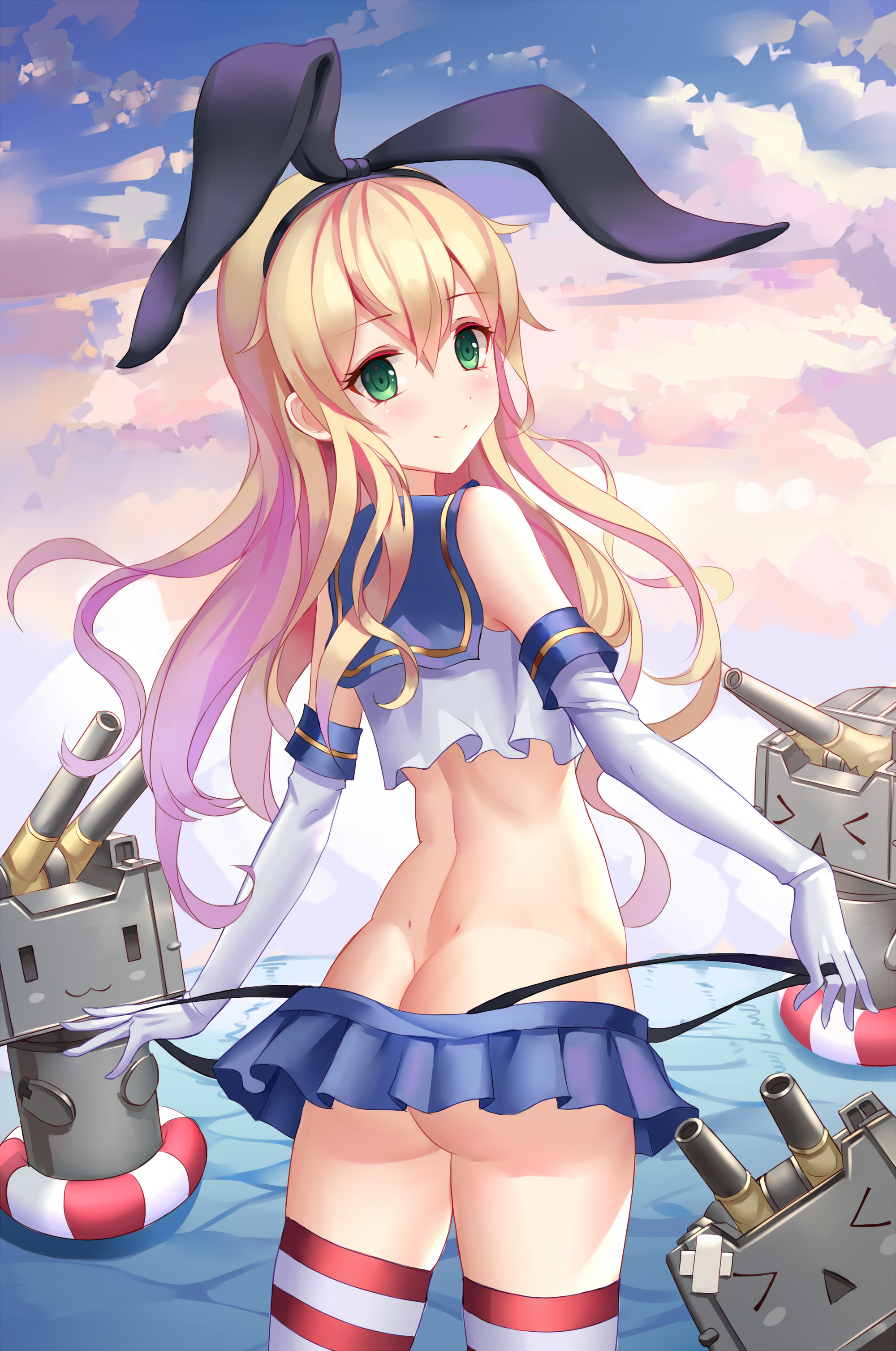 Anime 2000x3014 anime anime girls Kantai Collection Shimakaze (Kancolle) skirt ass stockings long hair blonde green eyes bunny ears rear view women standing back looking at viewer Pixiv