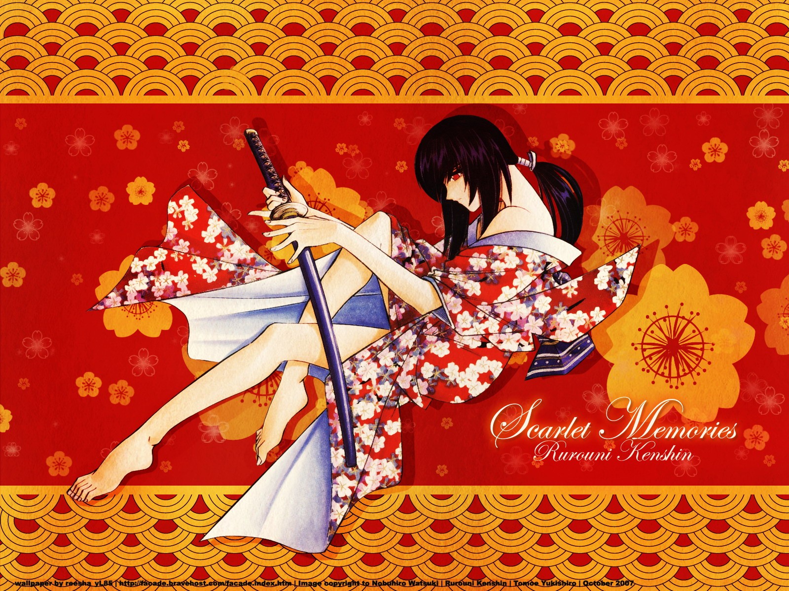Anime 1600x1200 anime Samurai X anime girls red eyes barefoot sword katana dark hair legs