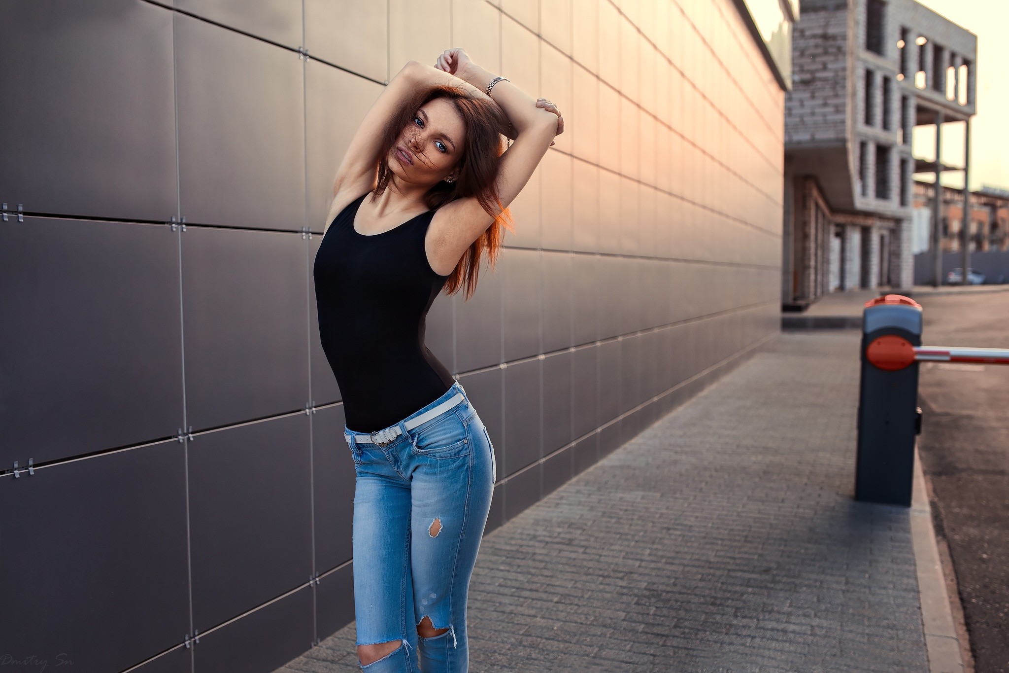 People 2048x1365 women model auburn hair looking at viewer long hair straight hair torn jeans tight clothing armpits arms up Dmitry Shulgin jeans