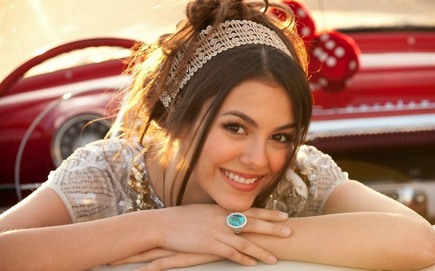 People 1440x900 women model brunette long hair looking at viewer face Victoria Justice smiling car interior cabrio headband sunlight brown eyes rings