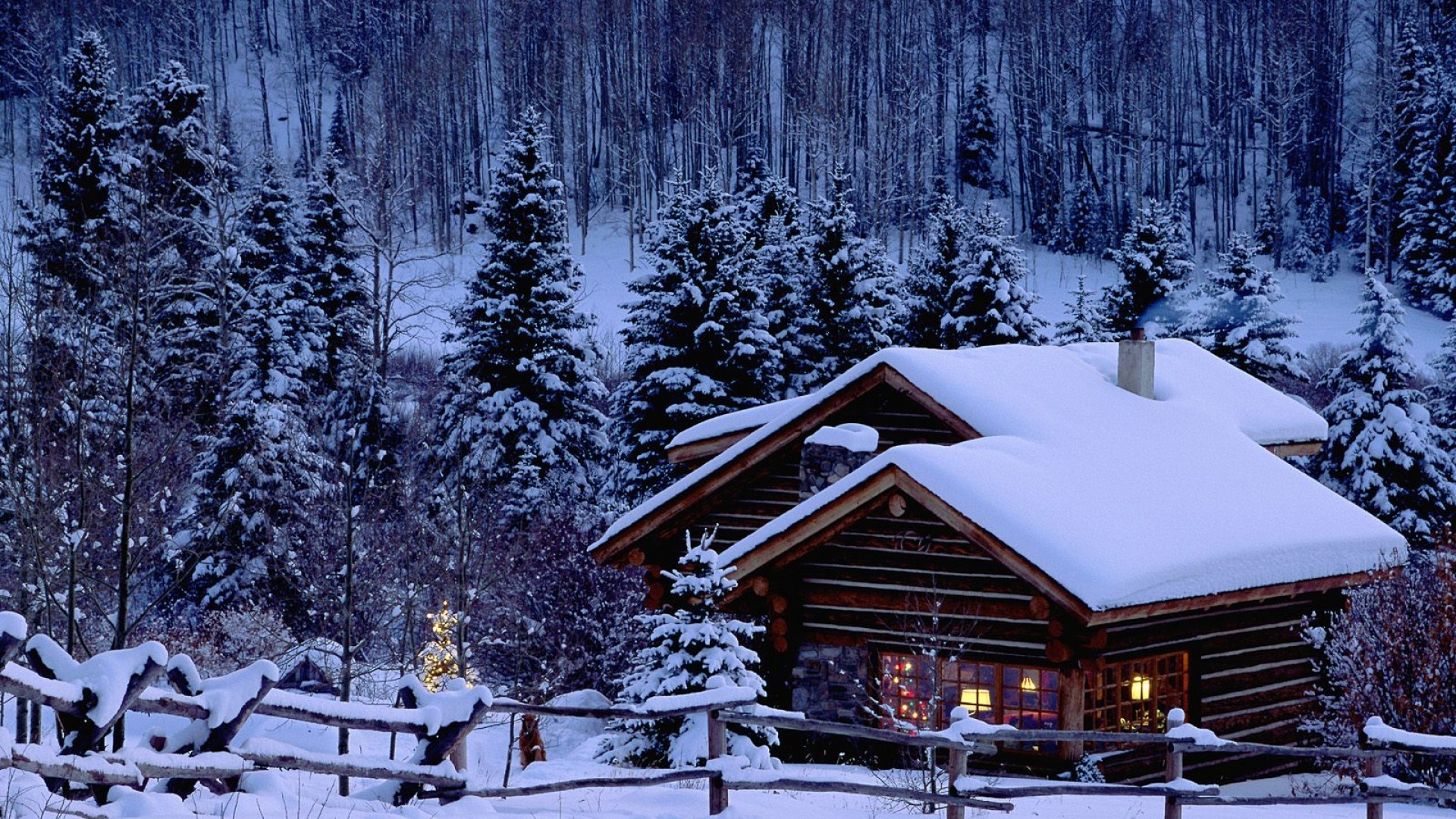 General 1920x1080 Christmas snow pine trees cabin