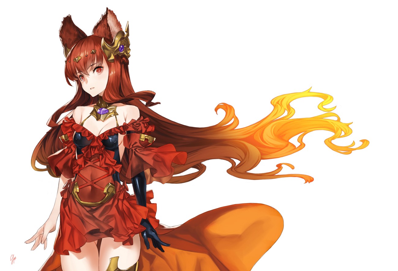 Anime 1300x888 animal ears armor cleavage elbow gloves belly button red eyes thigh-highs collar