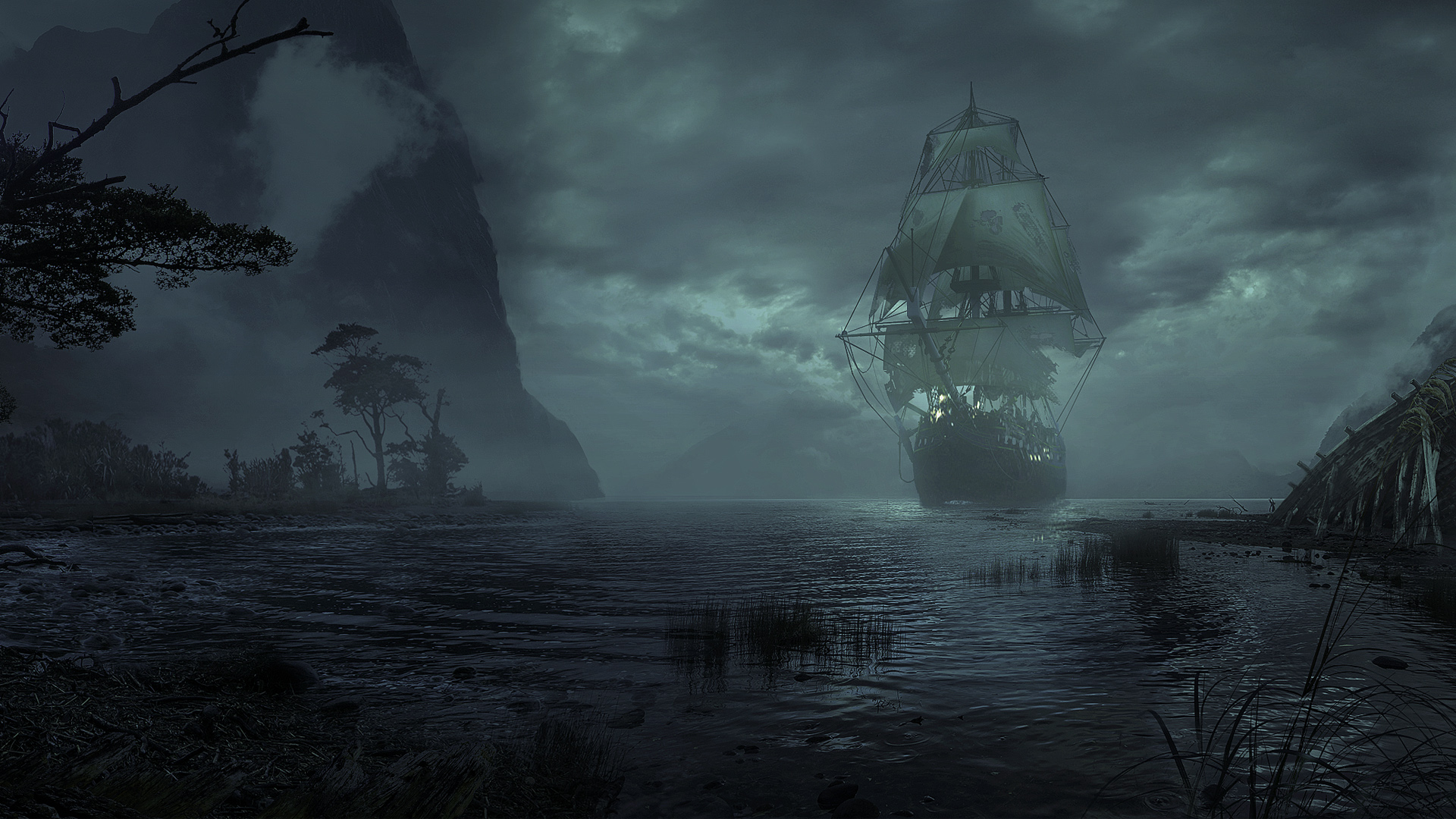 General 1920x1080 sailing ship sea night landscape CGI ghost ship