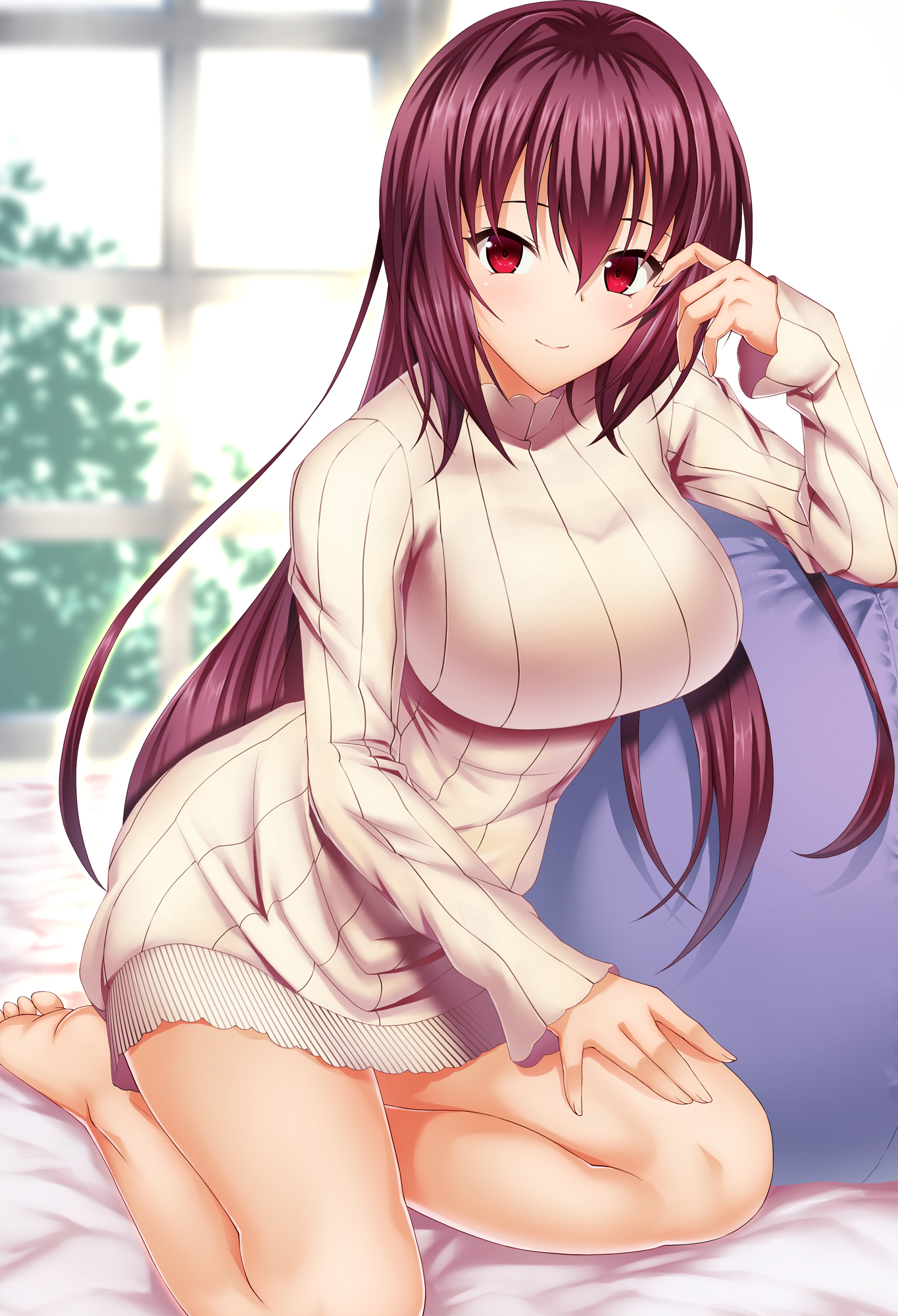 Anime 1365x2000 white background Fate/Grand Order Scathach redhead red eyes sweater boobs
